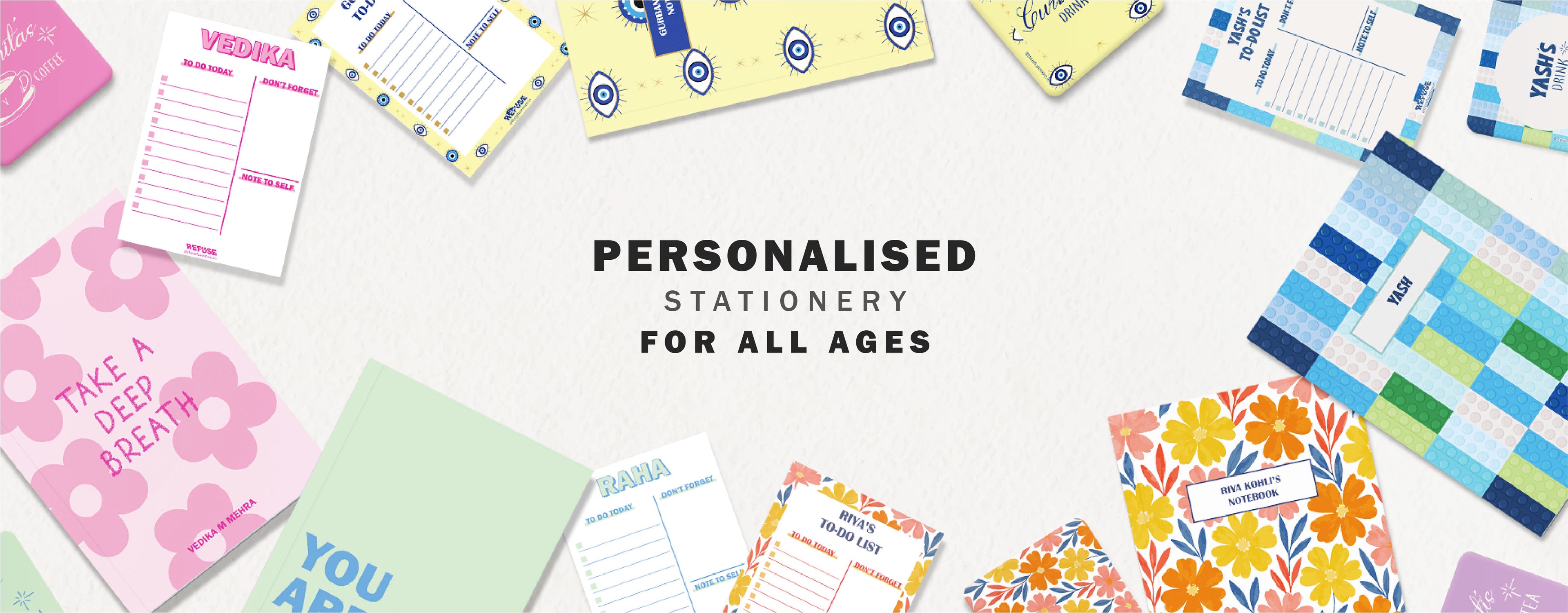 Collection of personalized stationery items with a promotional text overlay.