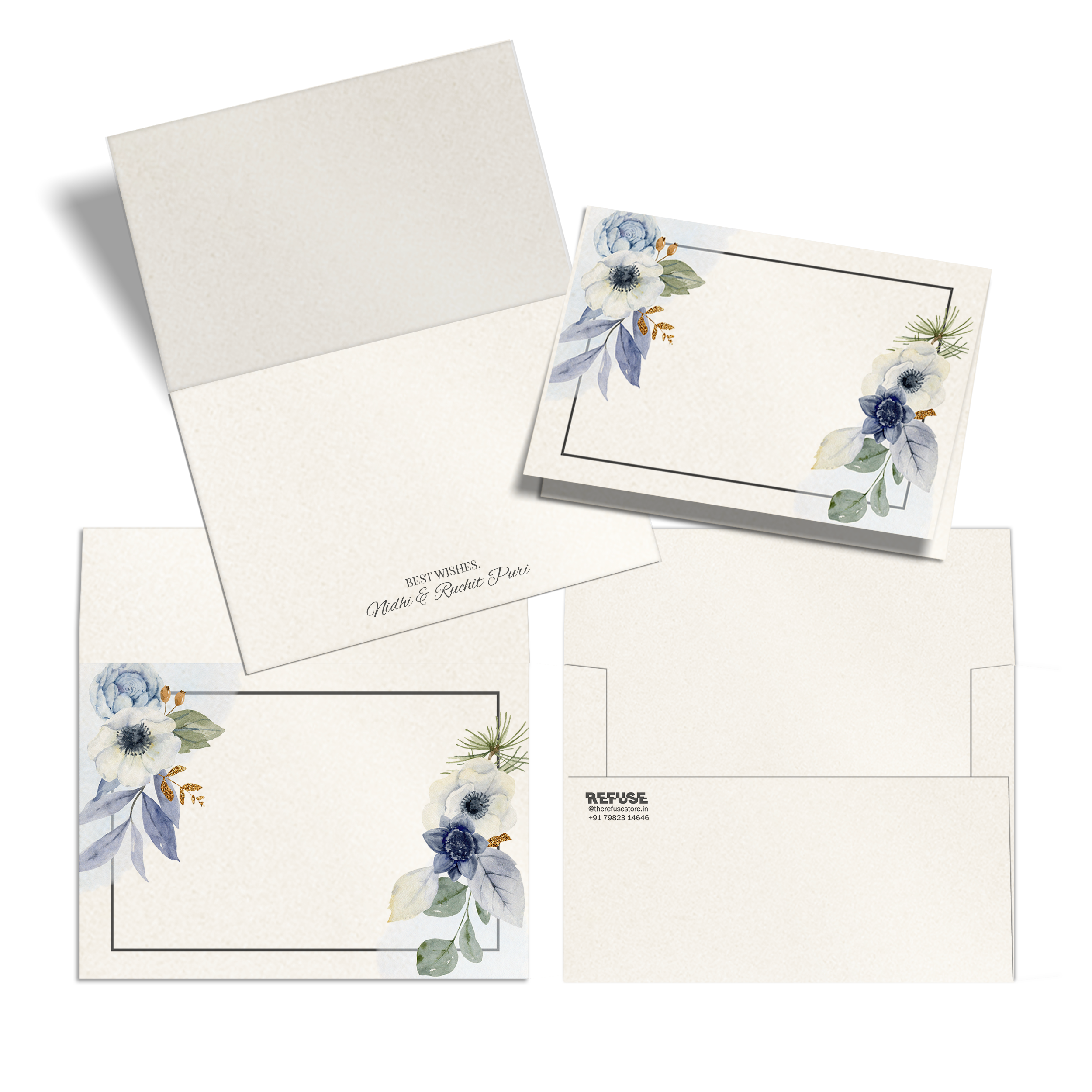 Blue Floral With Brown Border Metallic Fold Notecards & Envelopes