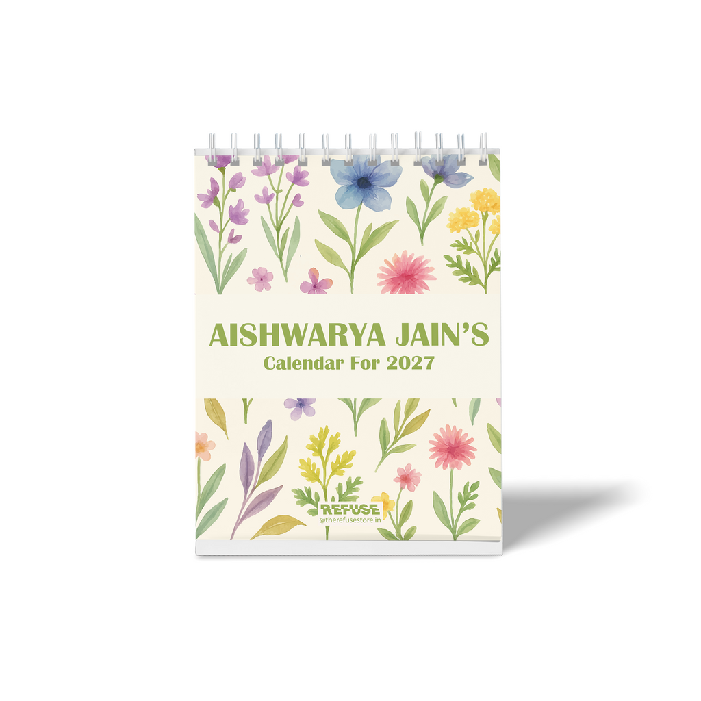 Personalised 2027 floral desk calendar with custom name, colourful hand-painted flowers, leaves, and botanical illustrations.