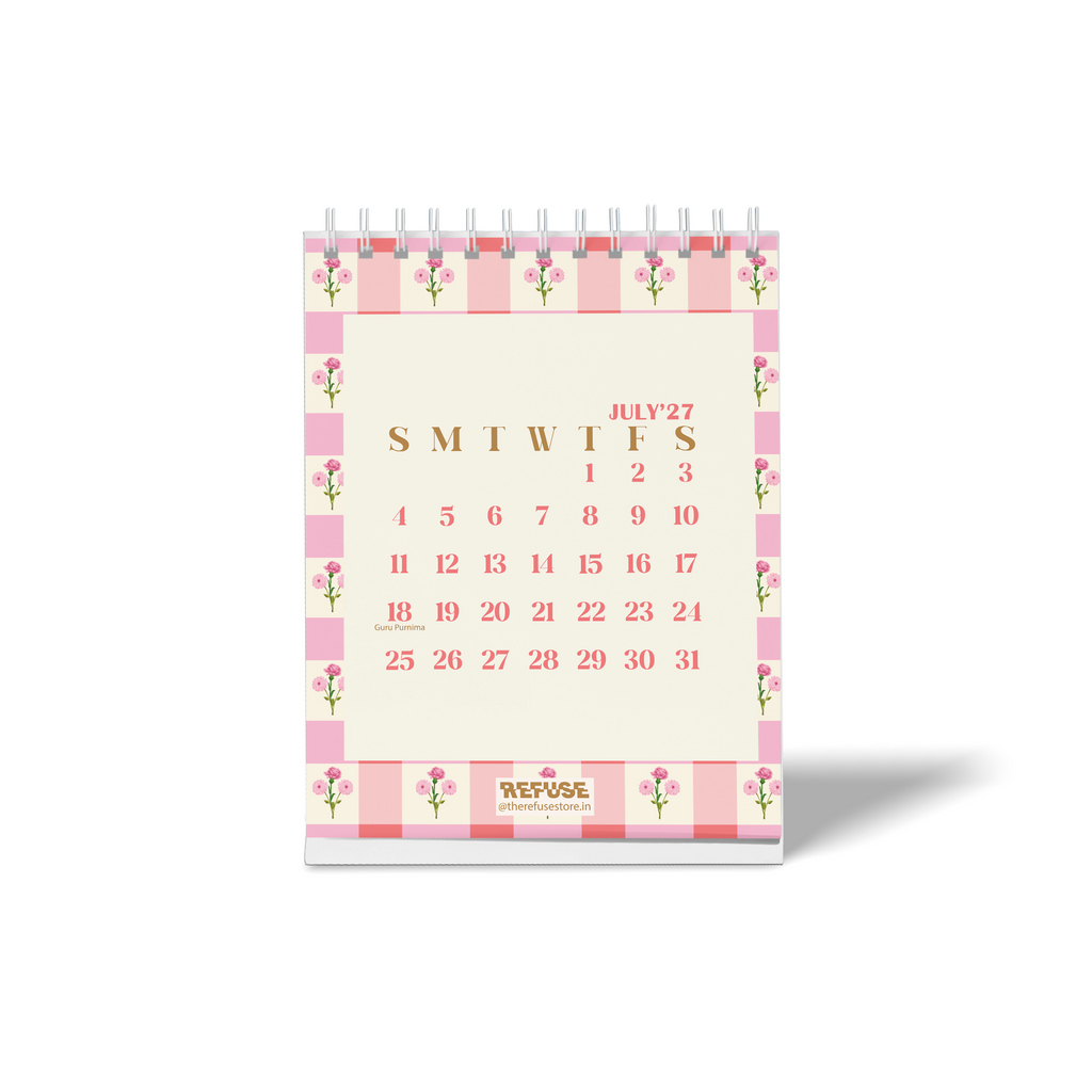 Personalised 2027 desk calendar featuring a pink gingham floral design, monthly calendar layout, and highlighted Indian festival dates.