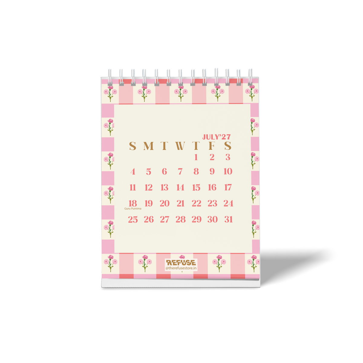 Personalised 2027 desk calendar featuring a pink gingham floral design, monthly calendar layout, and highlighted Indian festival dates.
