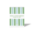 Personalised 2027 desk calendar with custom names, green and blue vertical stripe design, and clean minimalist layout.