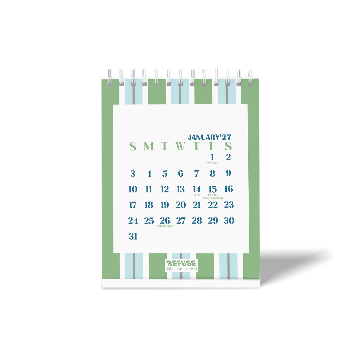 Personalised 2027 desk calendar featuring a January monthly layout with green and blue vertical stripes and highlighted Indian holidays.