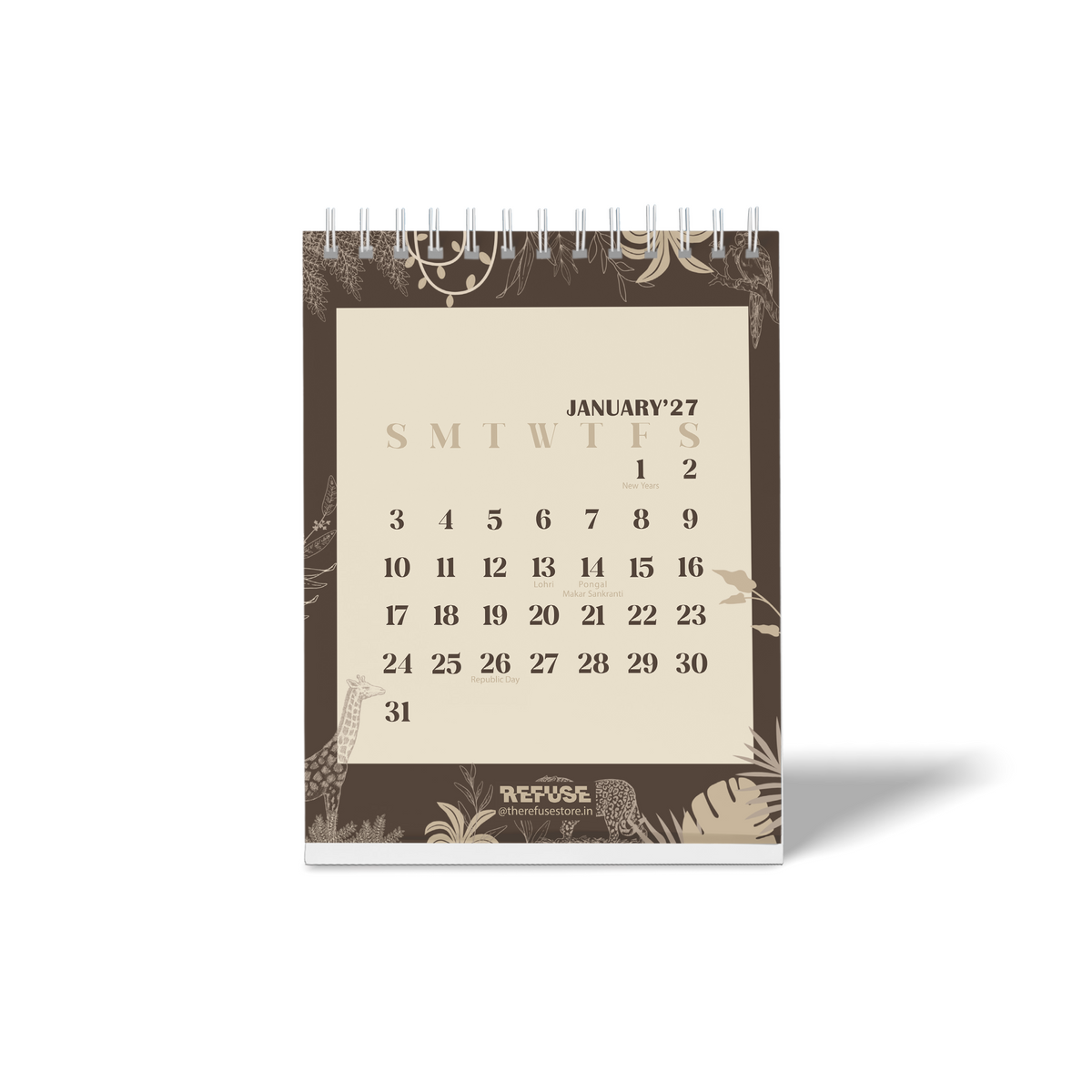 Personalised 2027 desk calendar monthly page for January, featuring a dark brown jungle-themed border with illustrated wildlife, foliage, and a cream calendar layout.