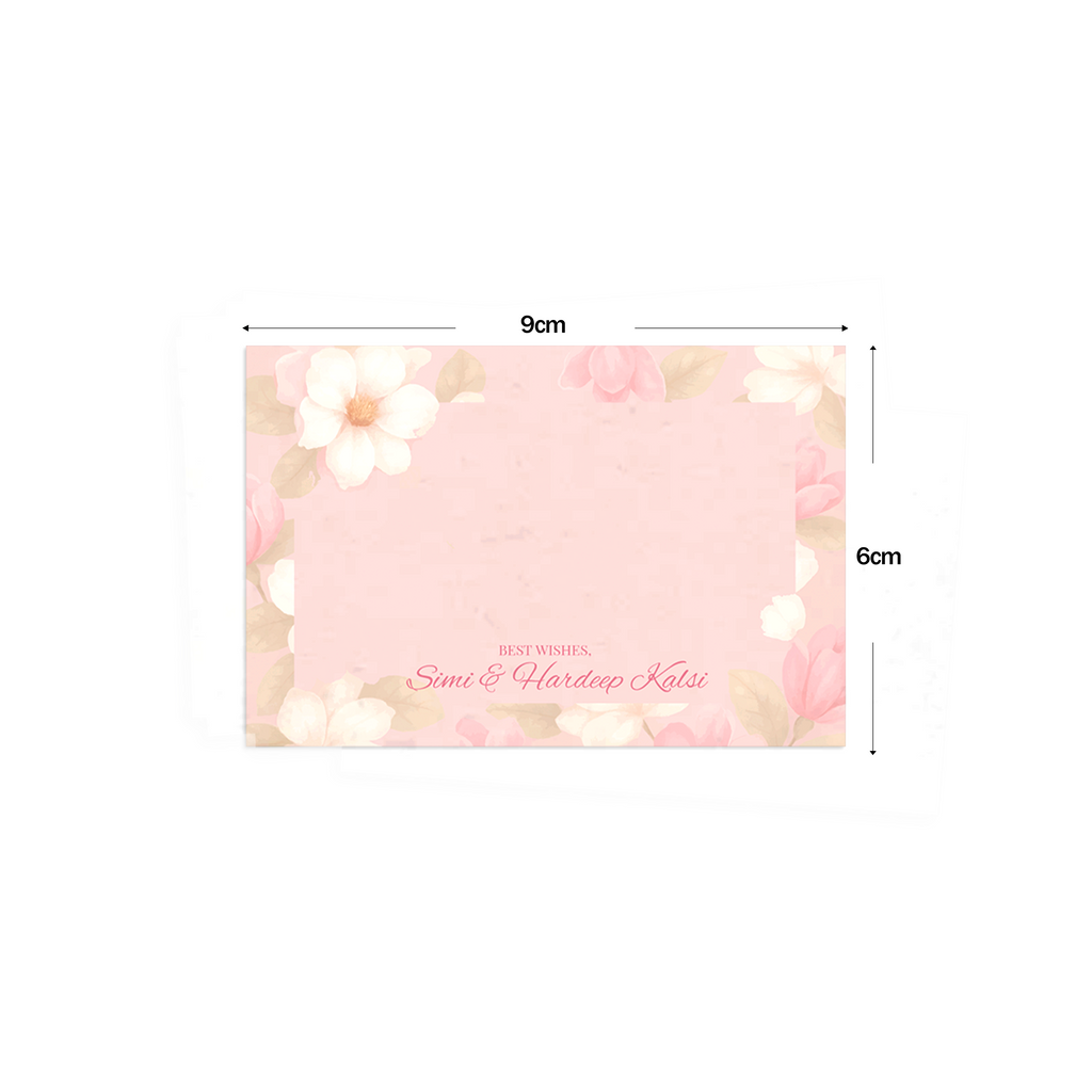 Shades Of Pink Floral Best Compliments Cards shown with dimensions on a white background
