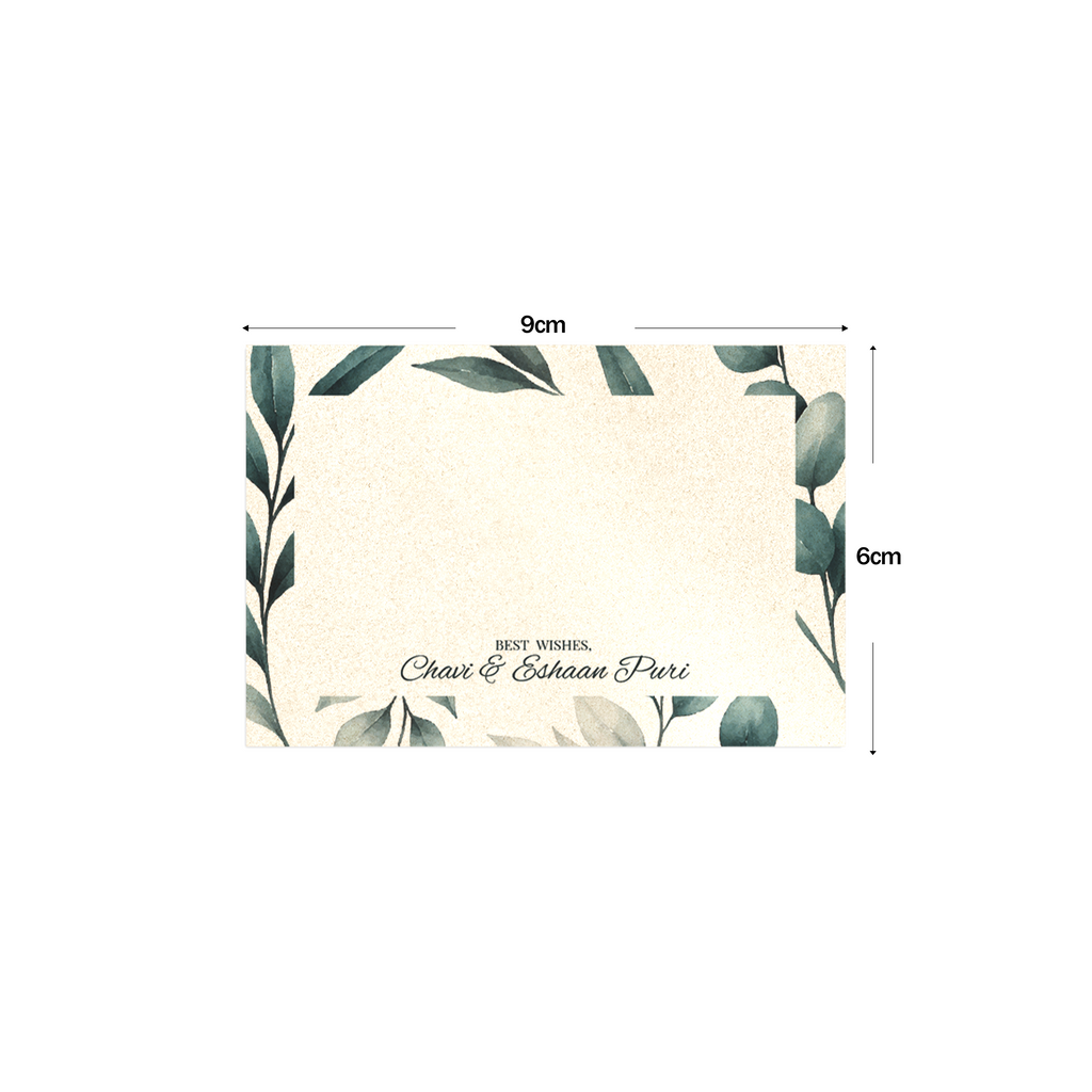 Best wishes card with leaf design, shown with dimensions on a white background