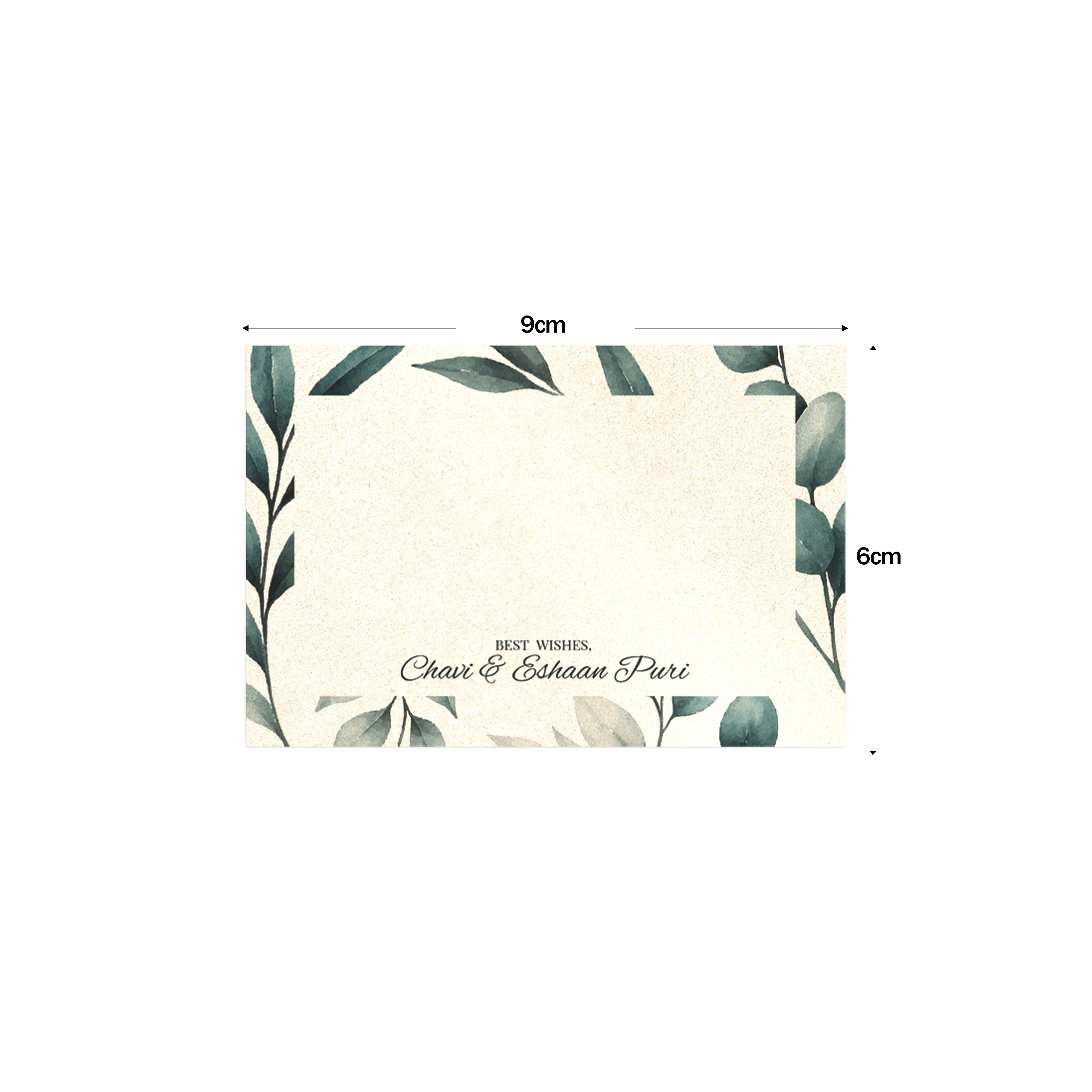 Best wishes card with leaf design, shown with dimensions on a white background