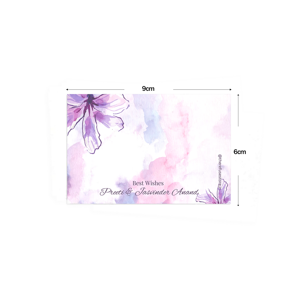 Purple Watercolour Floral Best Compliments Cards shown with dimensions on a white background