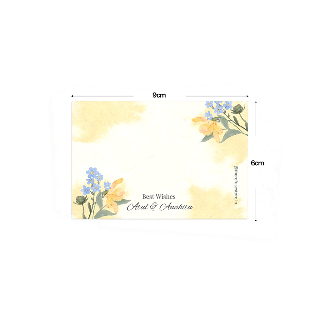 Yellow Watercolour With Blue Flowers Best Compliments Cards shown with dimensions on a white background