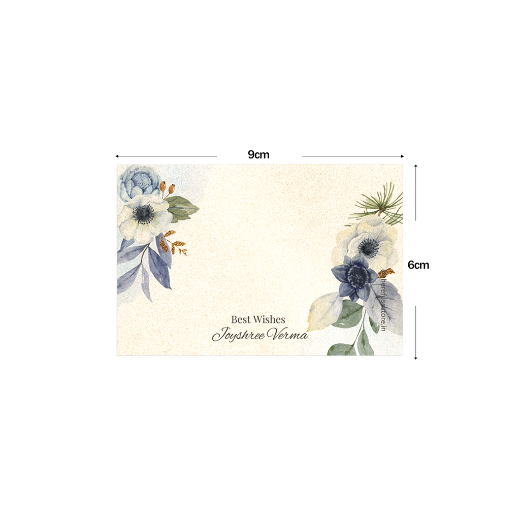 Blue & White Floral Metallic Best Compliments Cards shown with dimensions on a white background