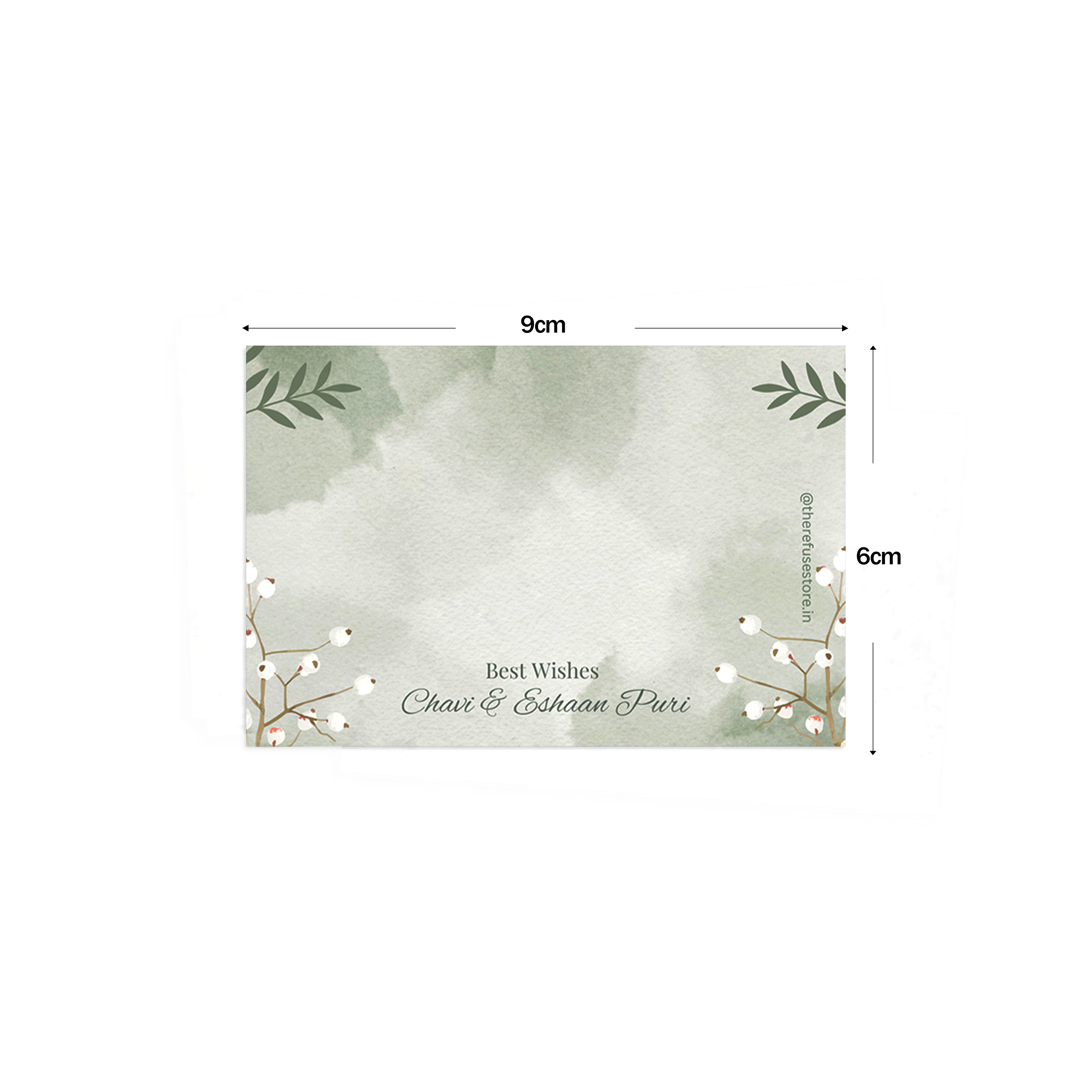 Green Watercolour With White Stem Best Compliments Cards shown with dimensions on a white background