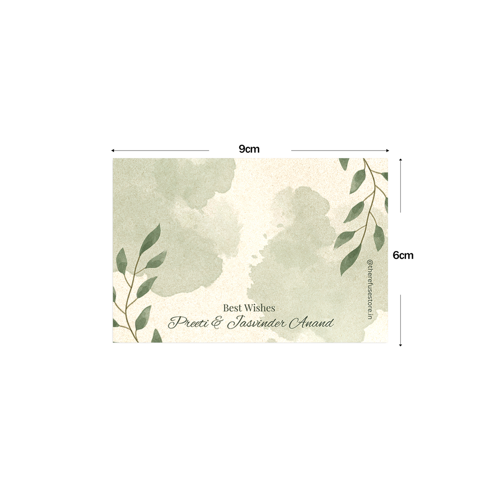 Best wishes card with leaf design, shown with dimensions on a white background