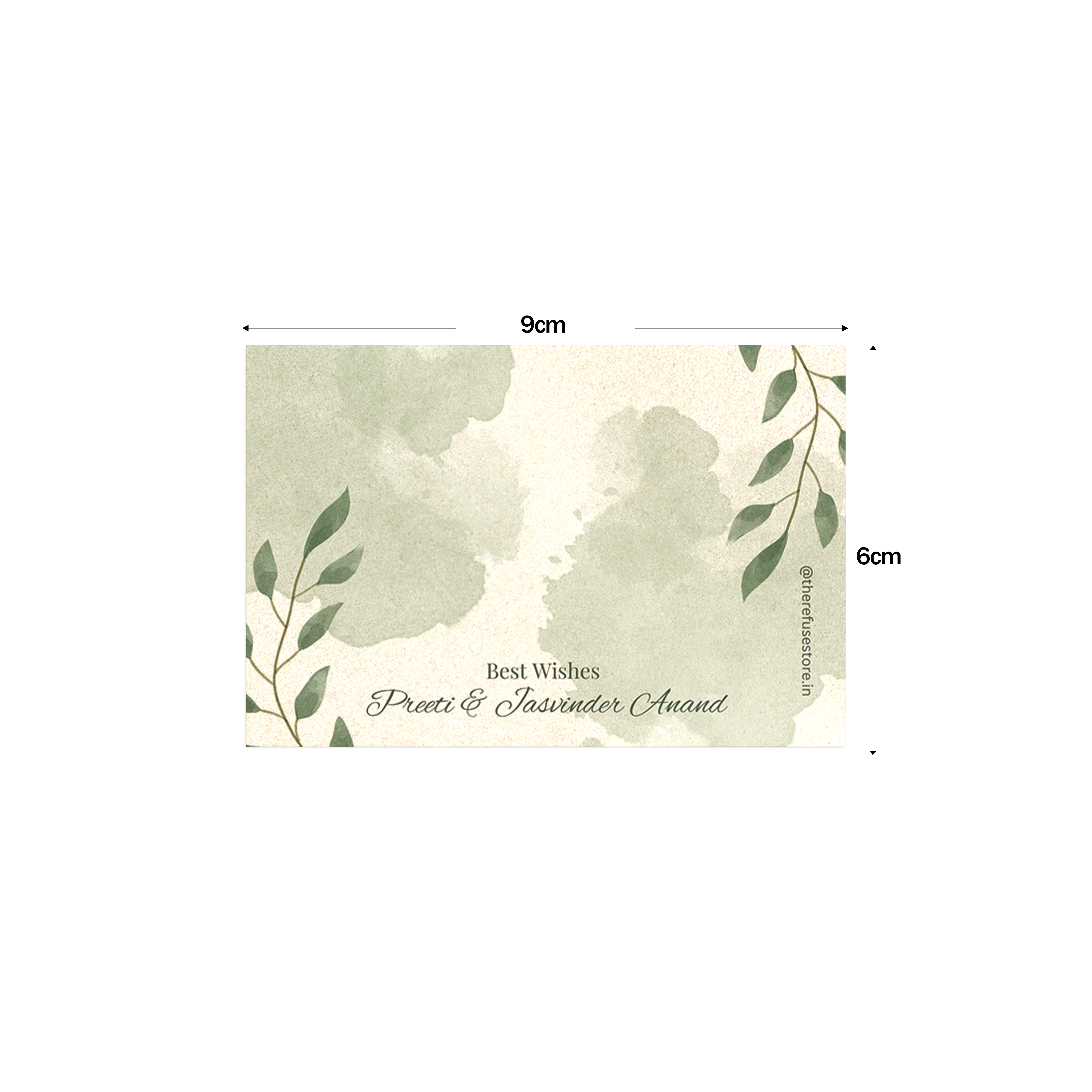 Best wishes card with leaf design, shown with dimensions on a white background