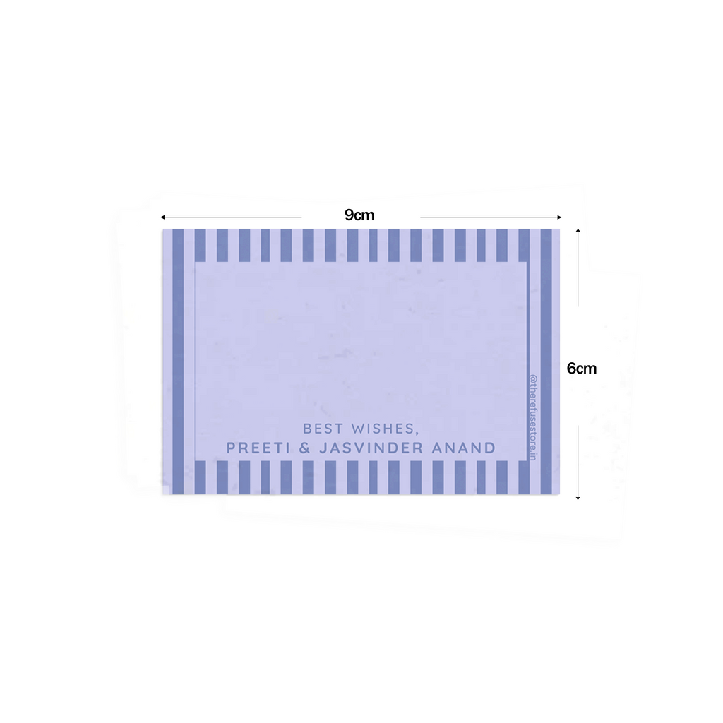 Shades of Blue Vertical Stripes Best Compliments Cards shown with dimensions on a white background