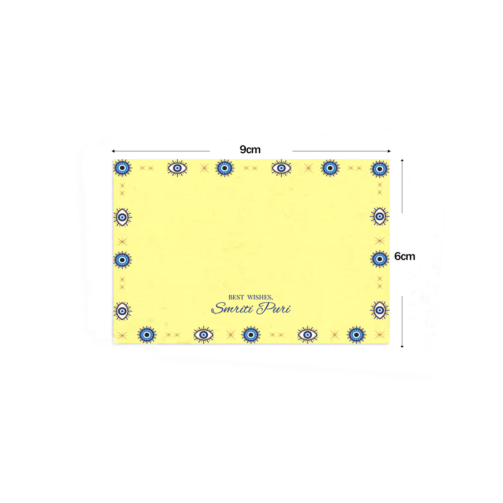 Yellow Evil Eye Best Compliments Cards shown with dimensions on a white background