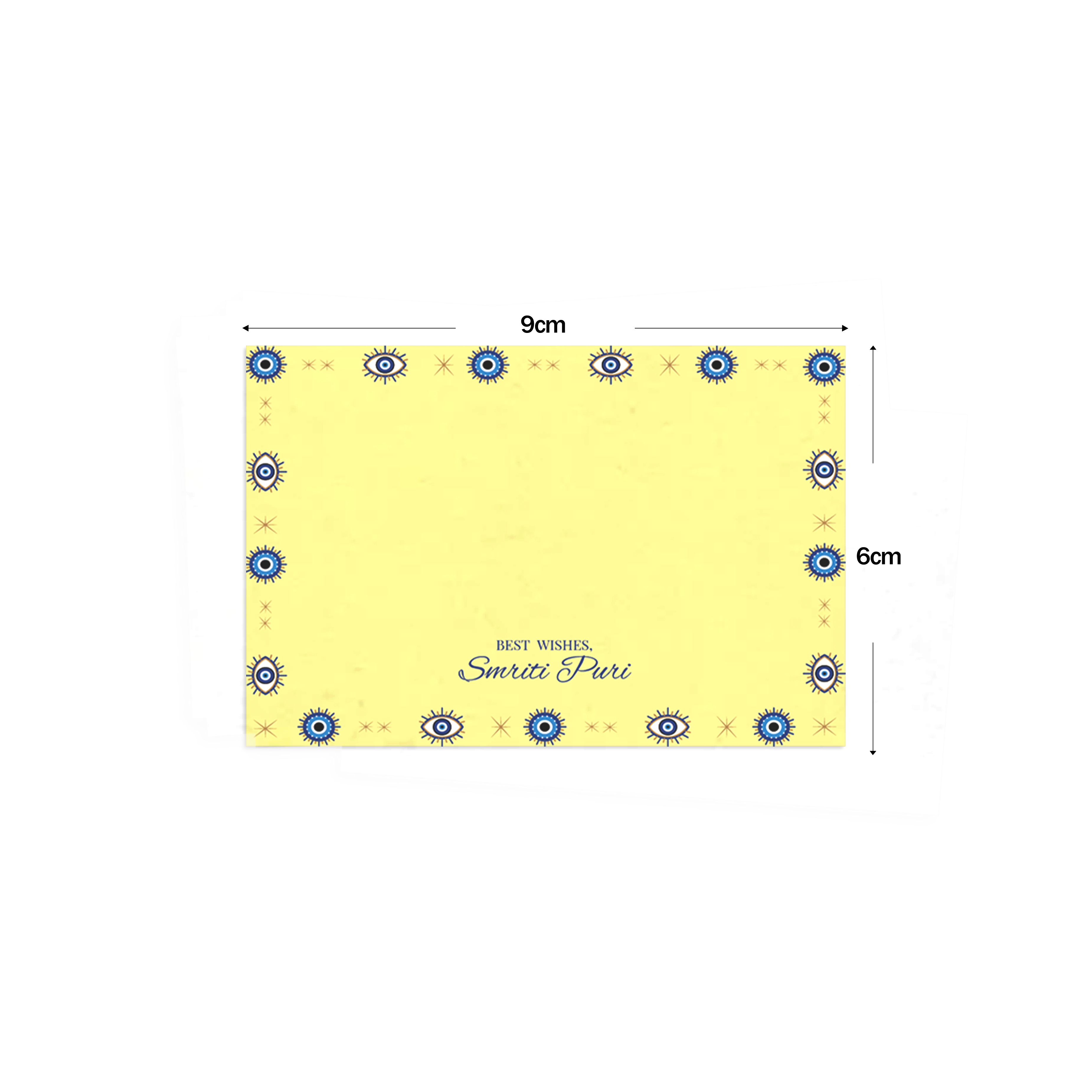 Yellow Evil Eye Best Compliments Cards shown with dimensions on a white background