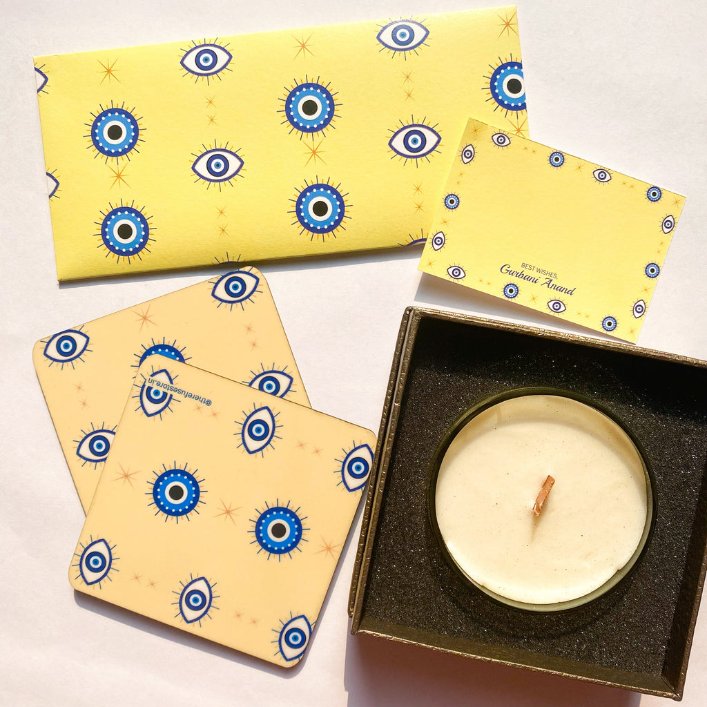 Yellow Evil Eye Personalised money envelopes, best wishes cards, coaster & candle