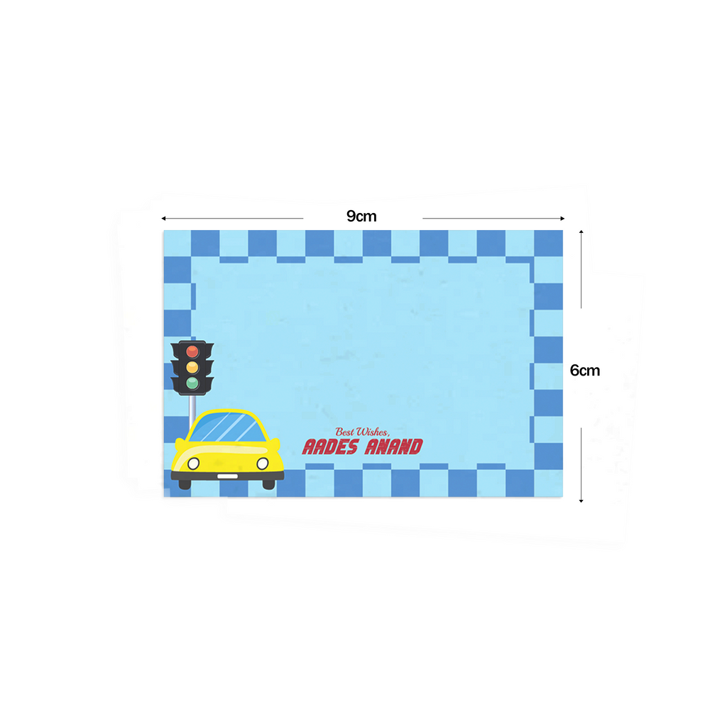 Blue Checked Car-Themed Best Compliments Cards shown with dimensions on a white background