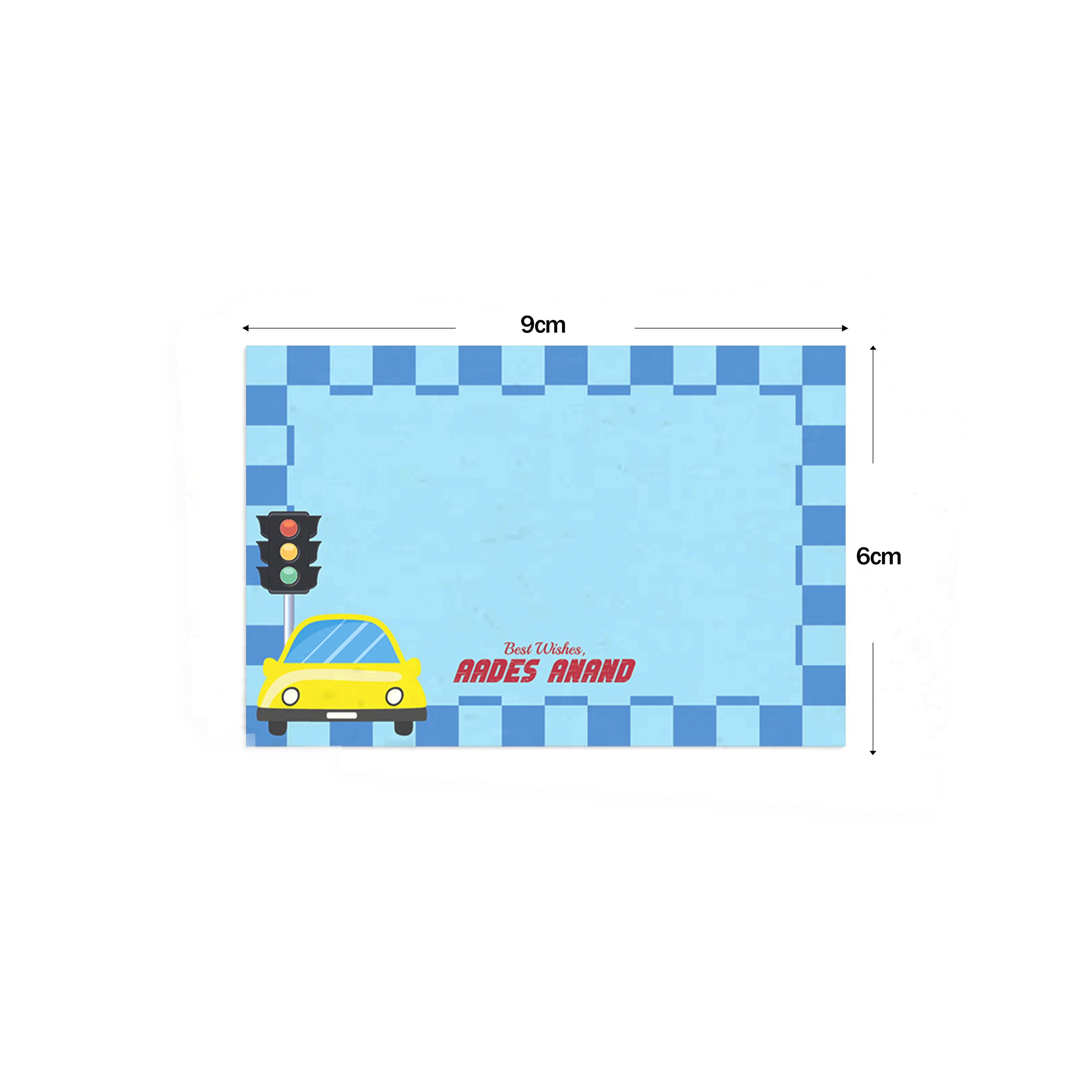 Blue Checked Car-Themed Best Compliments Cards shown with dimensions on a white background
