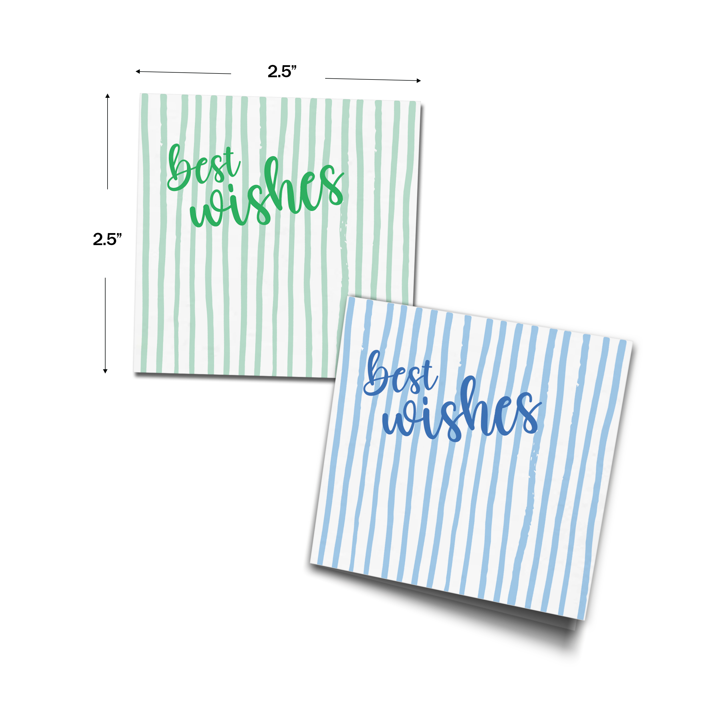 Green & Blue Hand Drawn Striped Personalised Fold Gift Cards shown with dimensions on a white background