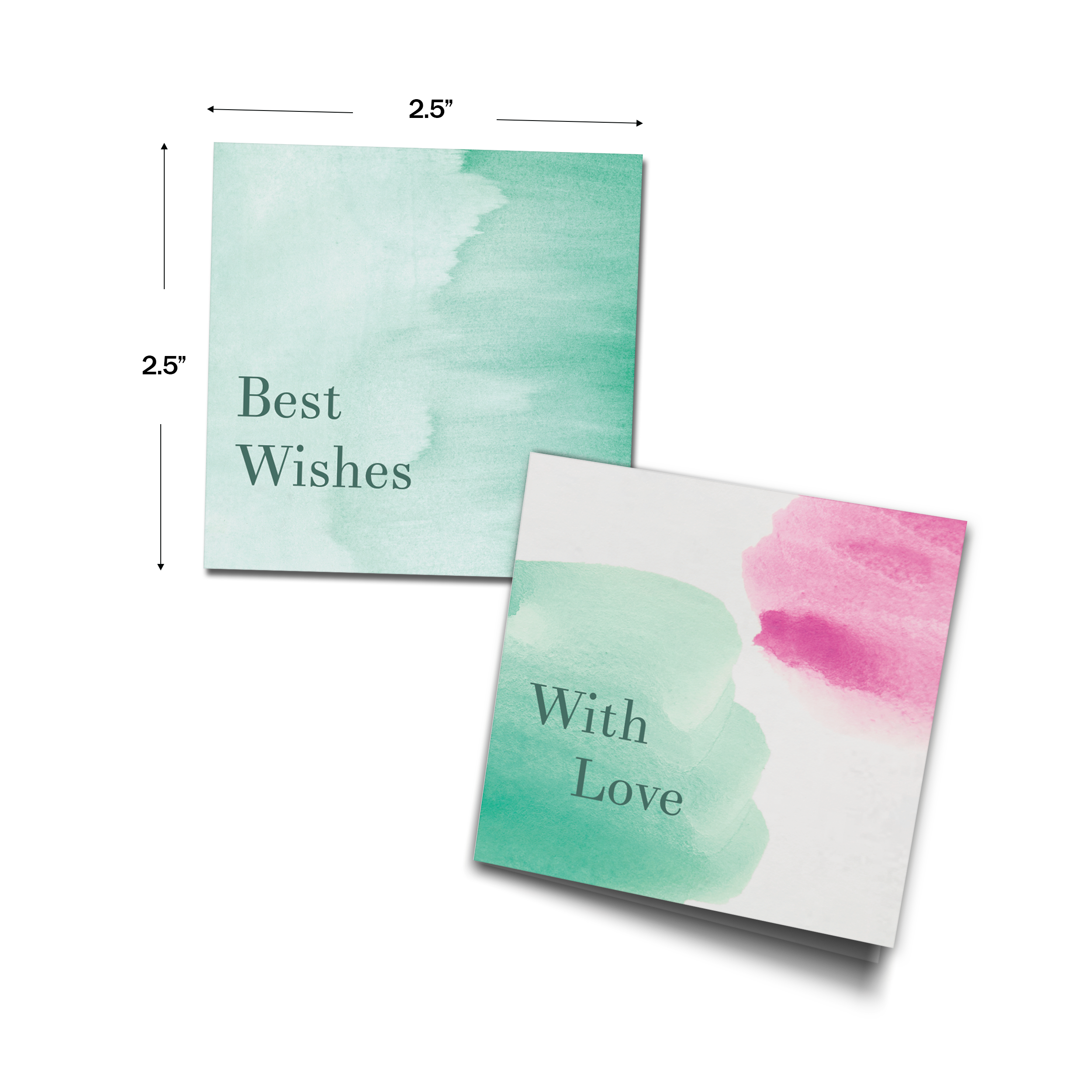 Green & Pink Watercolour Personalised Fold Gift Cards shown with dimensions on a white background