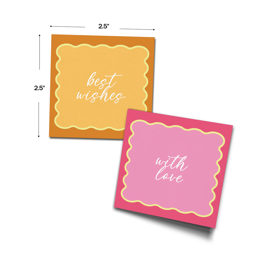 Pink & Yellow Curvy Border Personalised Fold Gift Cards shown with dimensions on a white background