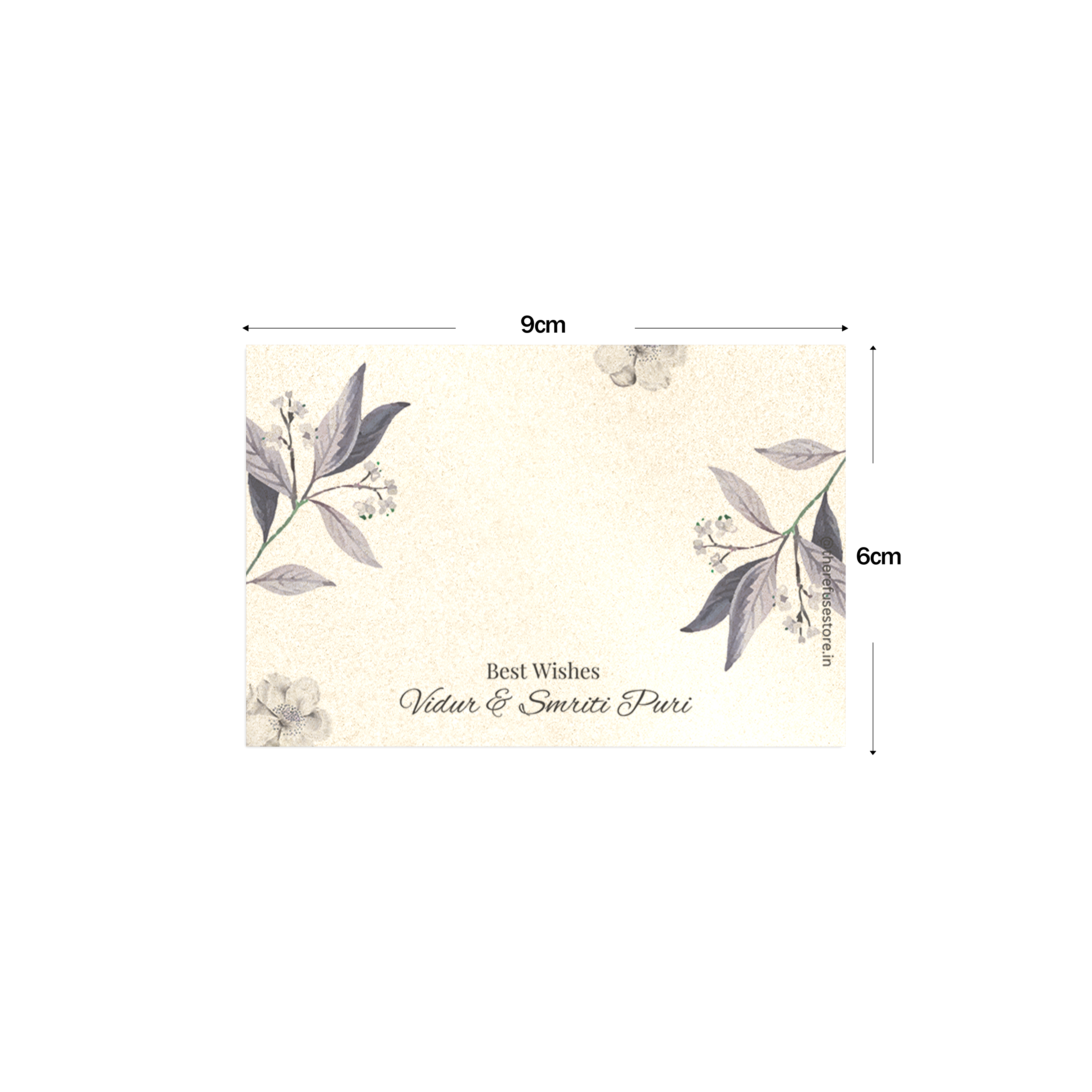 Misty Lavender Leaf Metallic Best Compliments Cards shown with dimensions on a white background