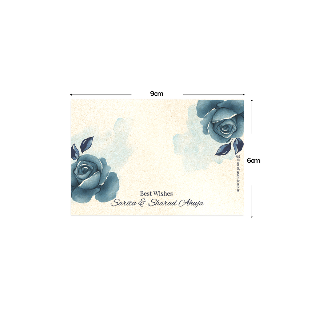 Watercolor Indigo Rose Metallic Best Compliments Cards shown with dimensions on a white background