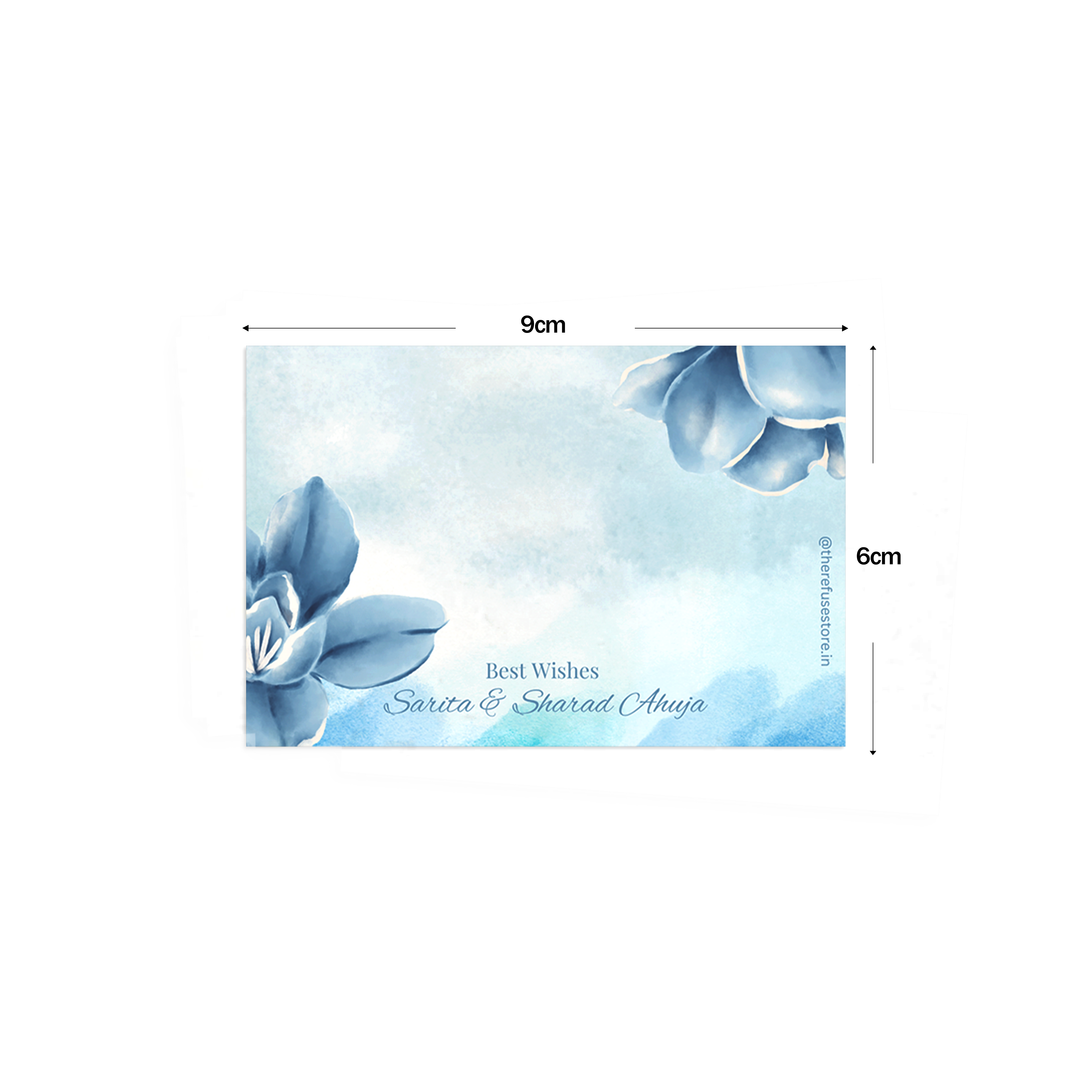 Blue Bloom Watercolour Best Compliments Cards shown with dimensions on a white background