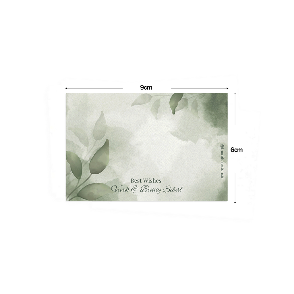 Sage Green Leaf Watercolour Best Compliments Cards  shown with dimensions on a white background