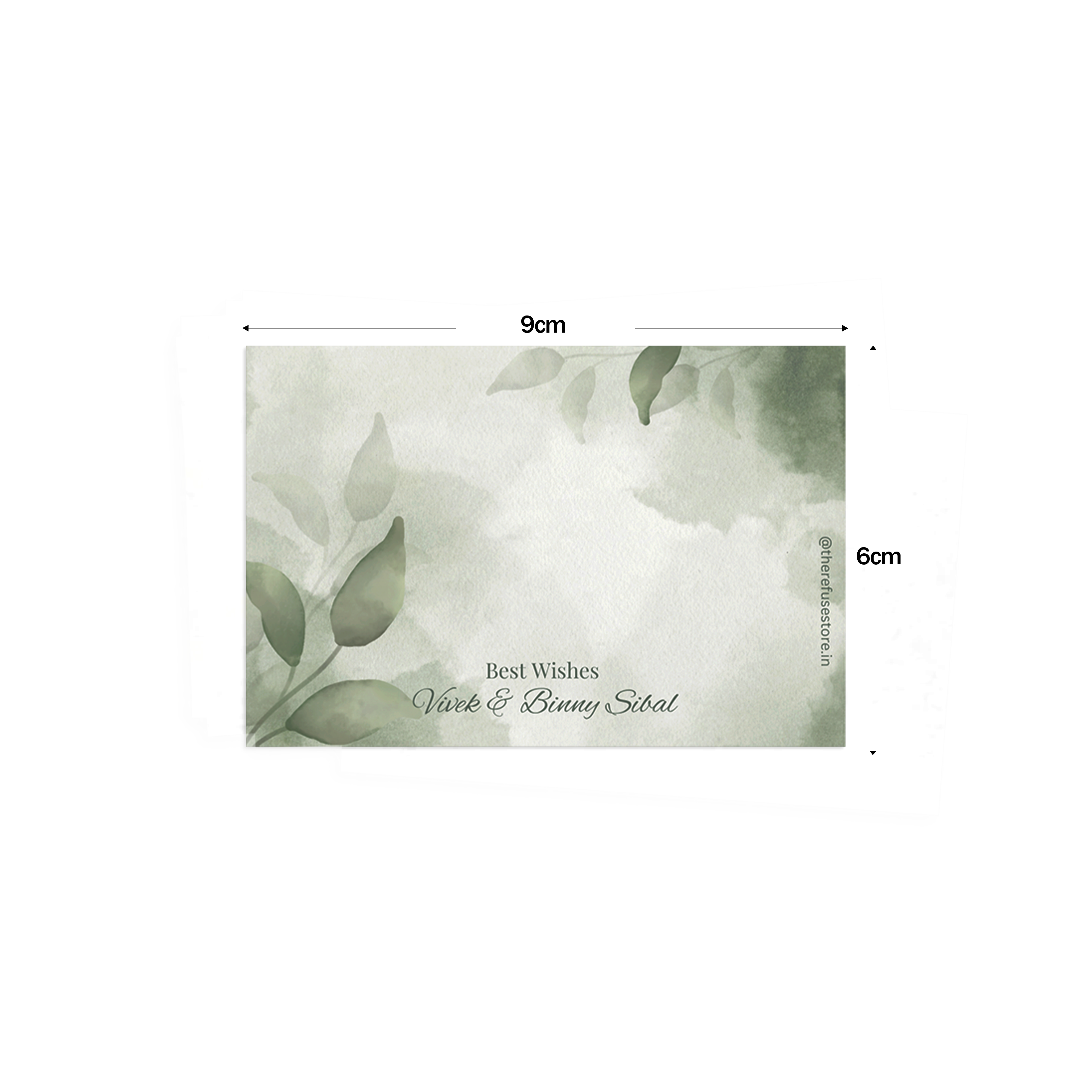 Sage Green Leaf Watercolour Best Compliments Cards  shown with dimensions on a white background