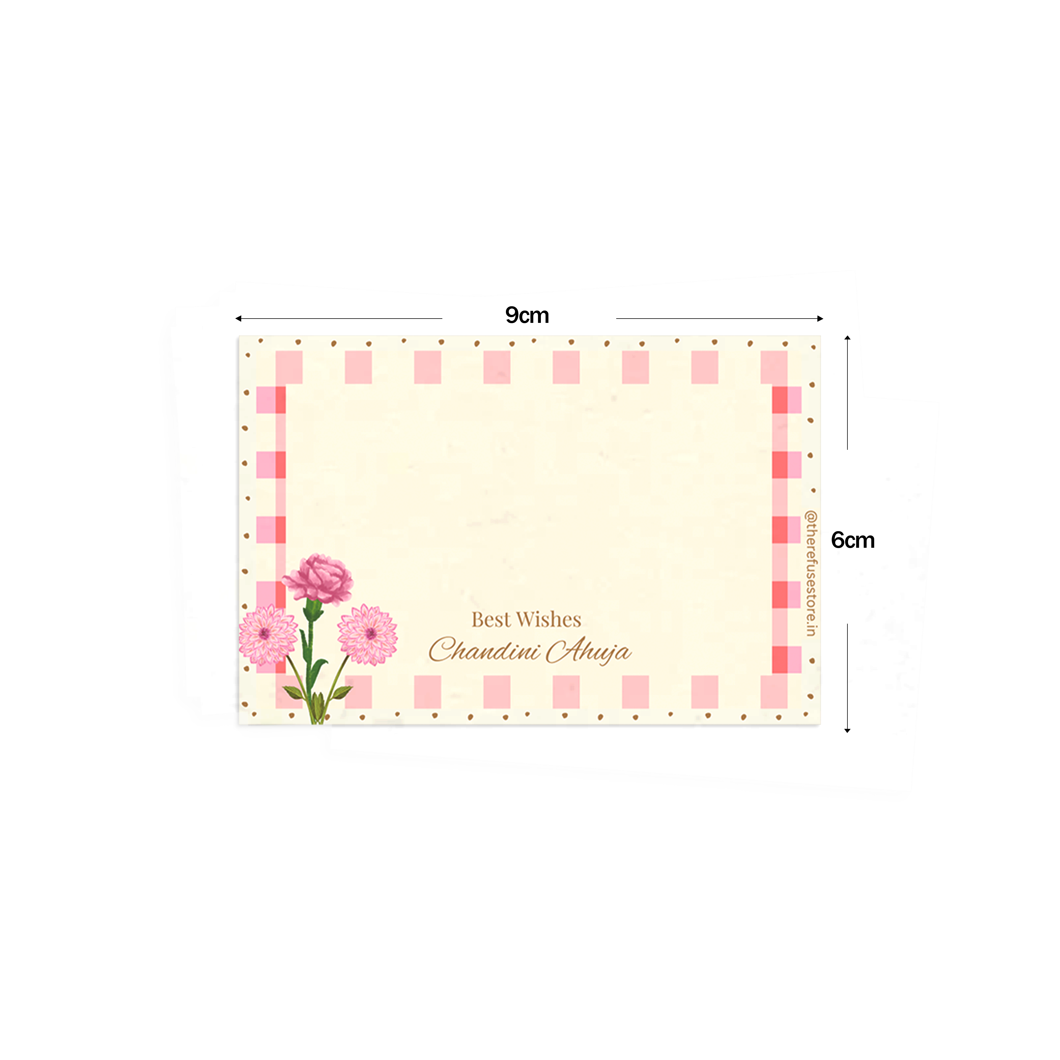Vintage Checkered Floral Best Compliments Cards shown with dimensions on a white background