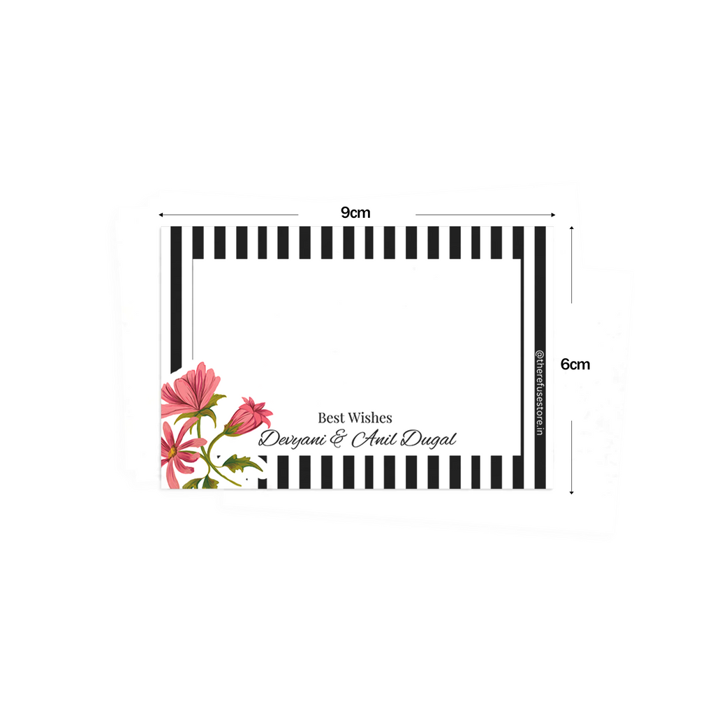 Bold Black & White Stripe Floral Best Compliments Cards shown with dimensions on a white background