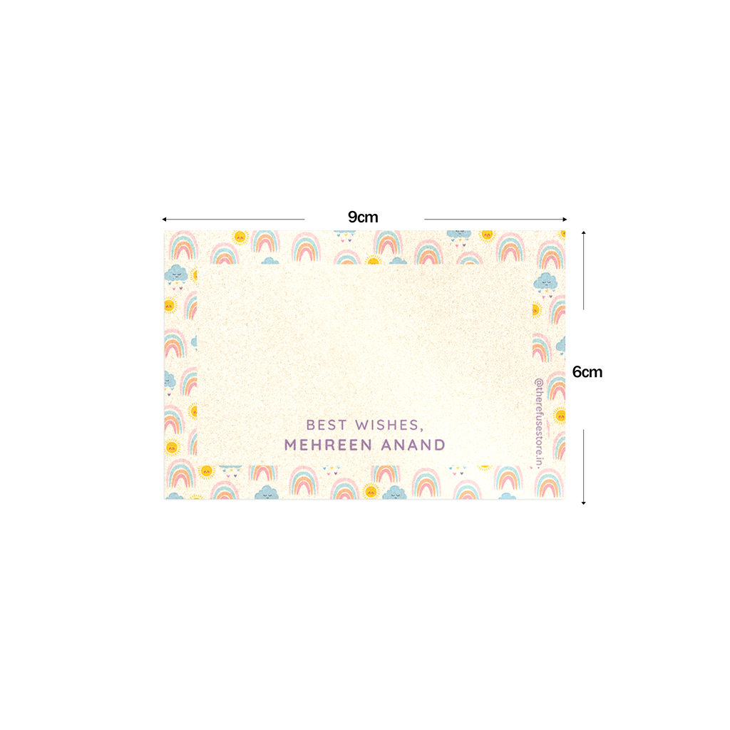 Pastel Rainbow & Cloud Metallic Best Compliments Cards shown with dimensions on a white background