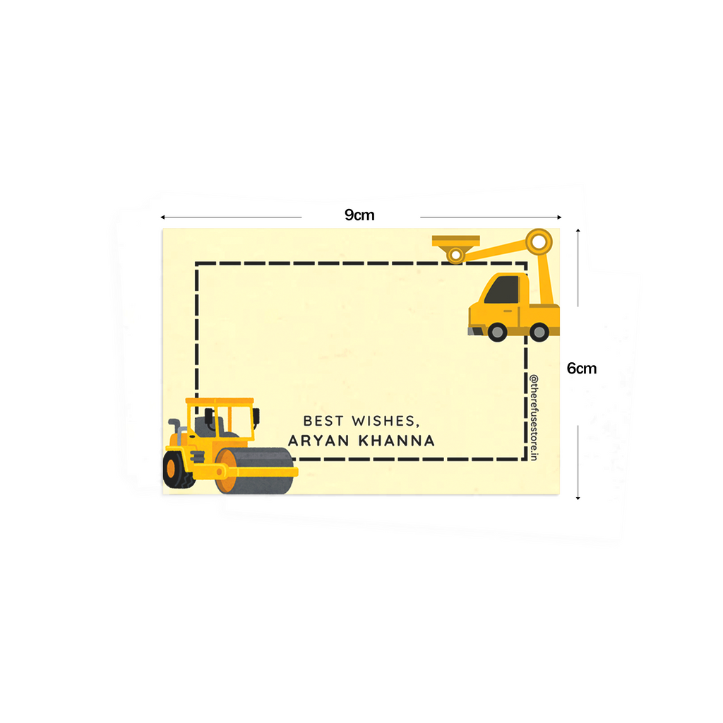 Construction Truck Best Compliments Cards shown with dimensions on a white background