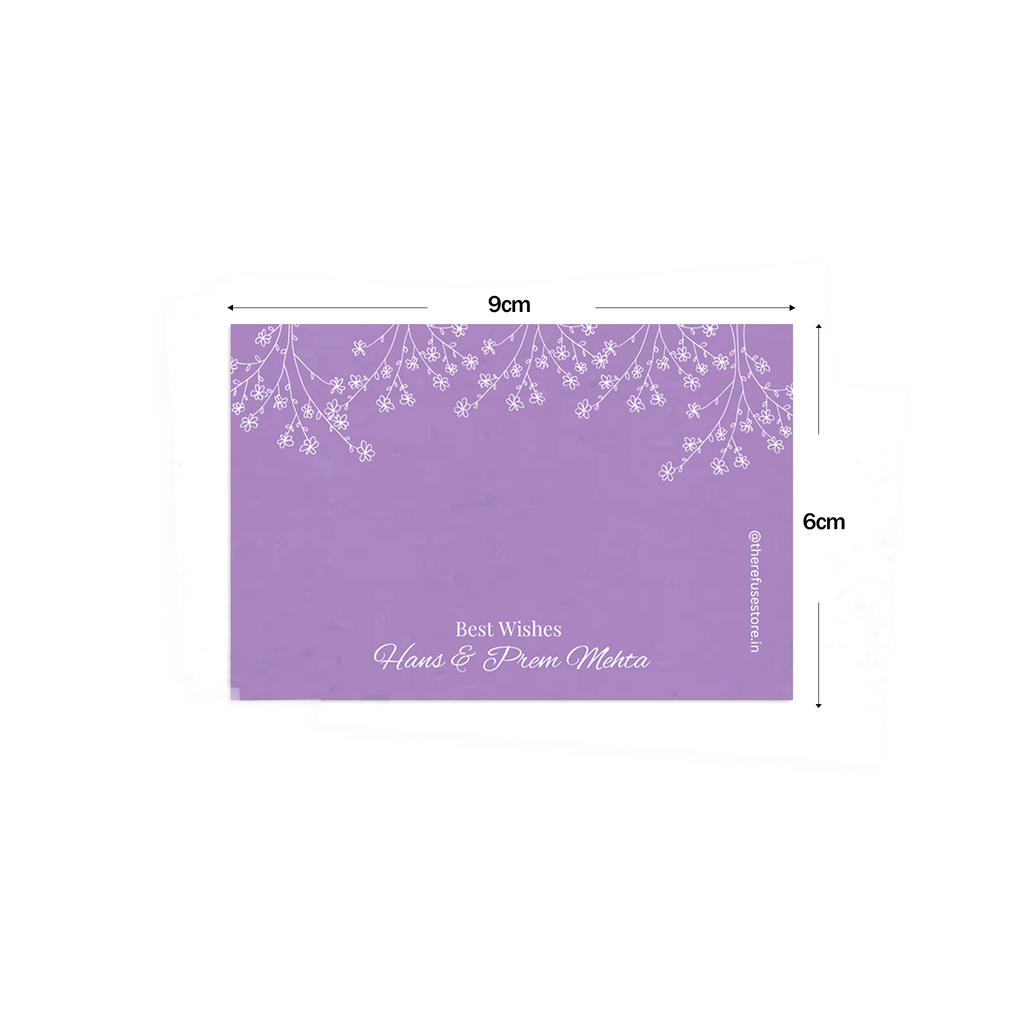 Purple Delicate Flower Branch Best Compliments Cards shown with dimensions on a white 