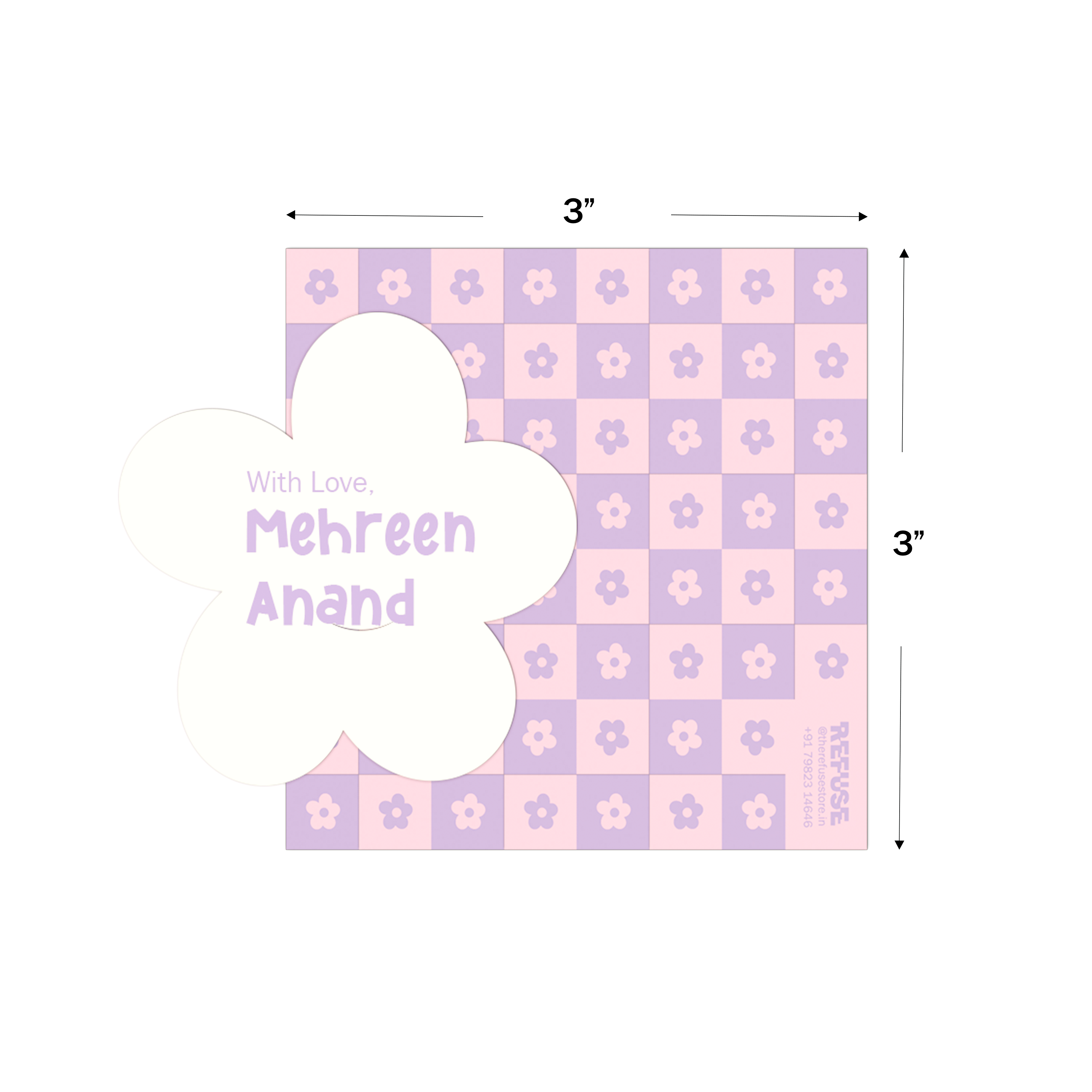 Pink & Lilac Flower Power Cutout Best Compliments Cards shown with dimensions on a white background