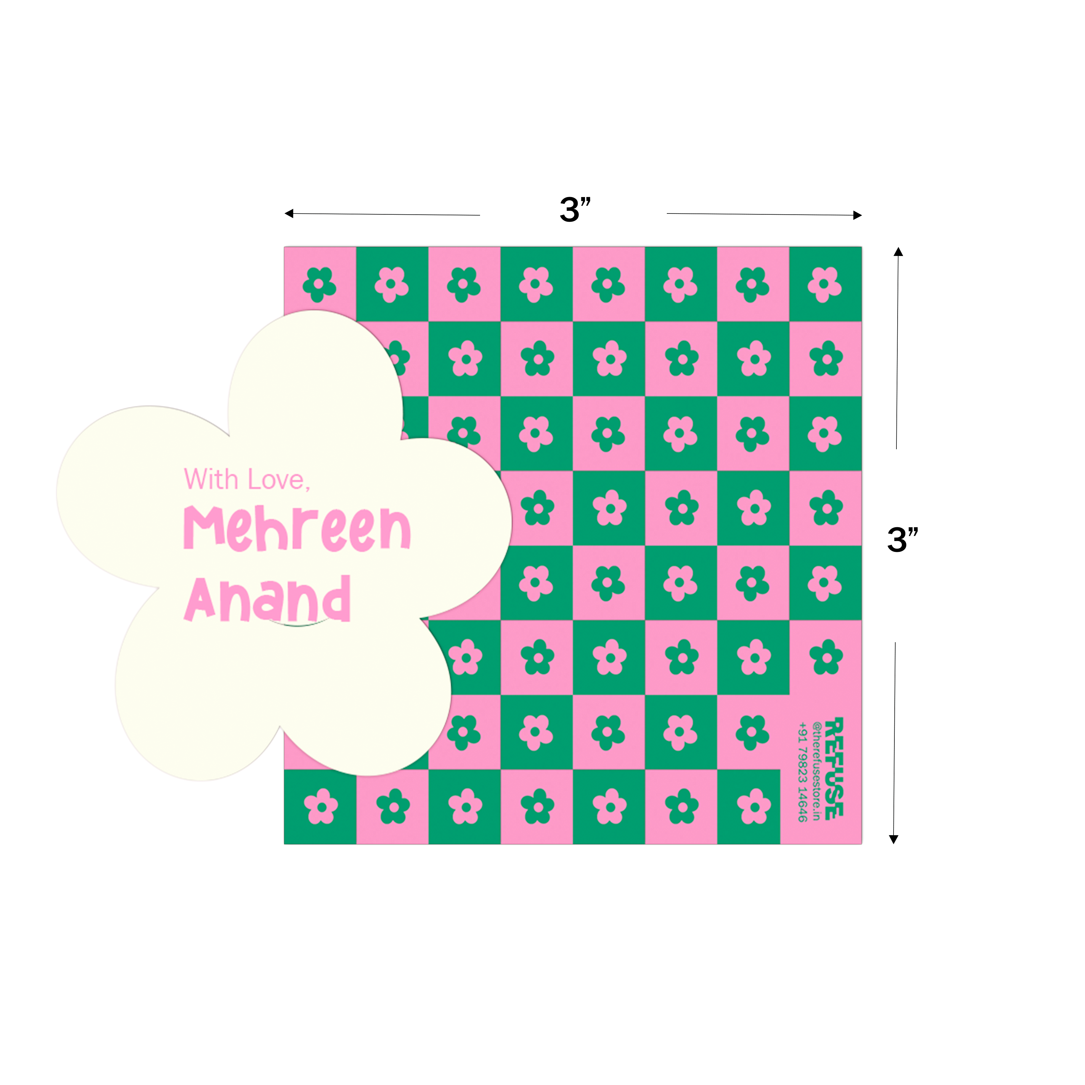 Green & Pink Flower Power Cutout Best Compliments Cards shown with dimensions on a white background