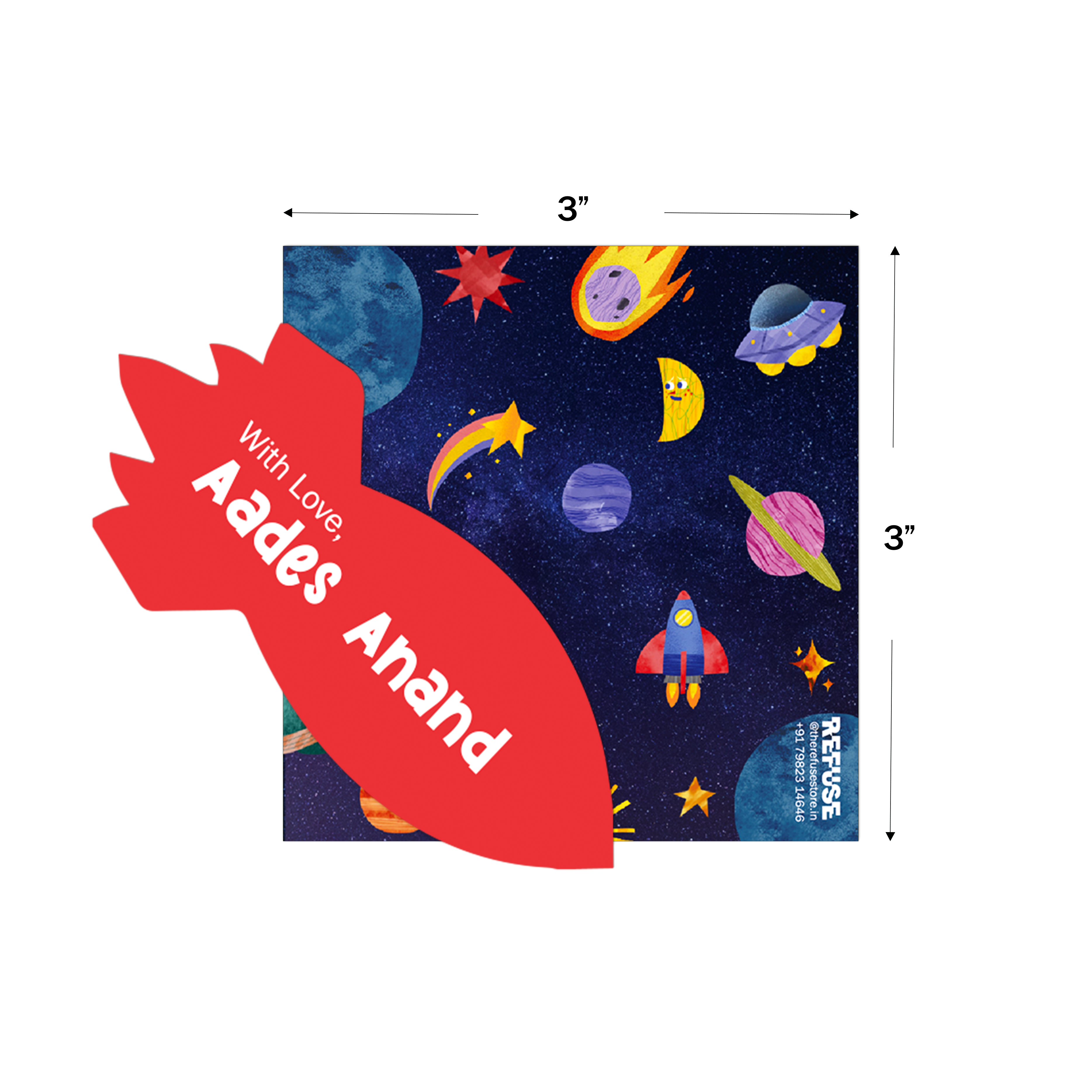 Space- Theme Cutout Best Compliments Cards shown with dimensions on a white background