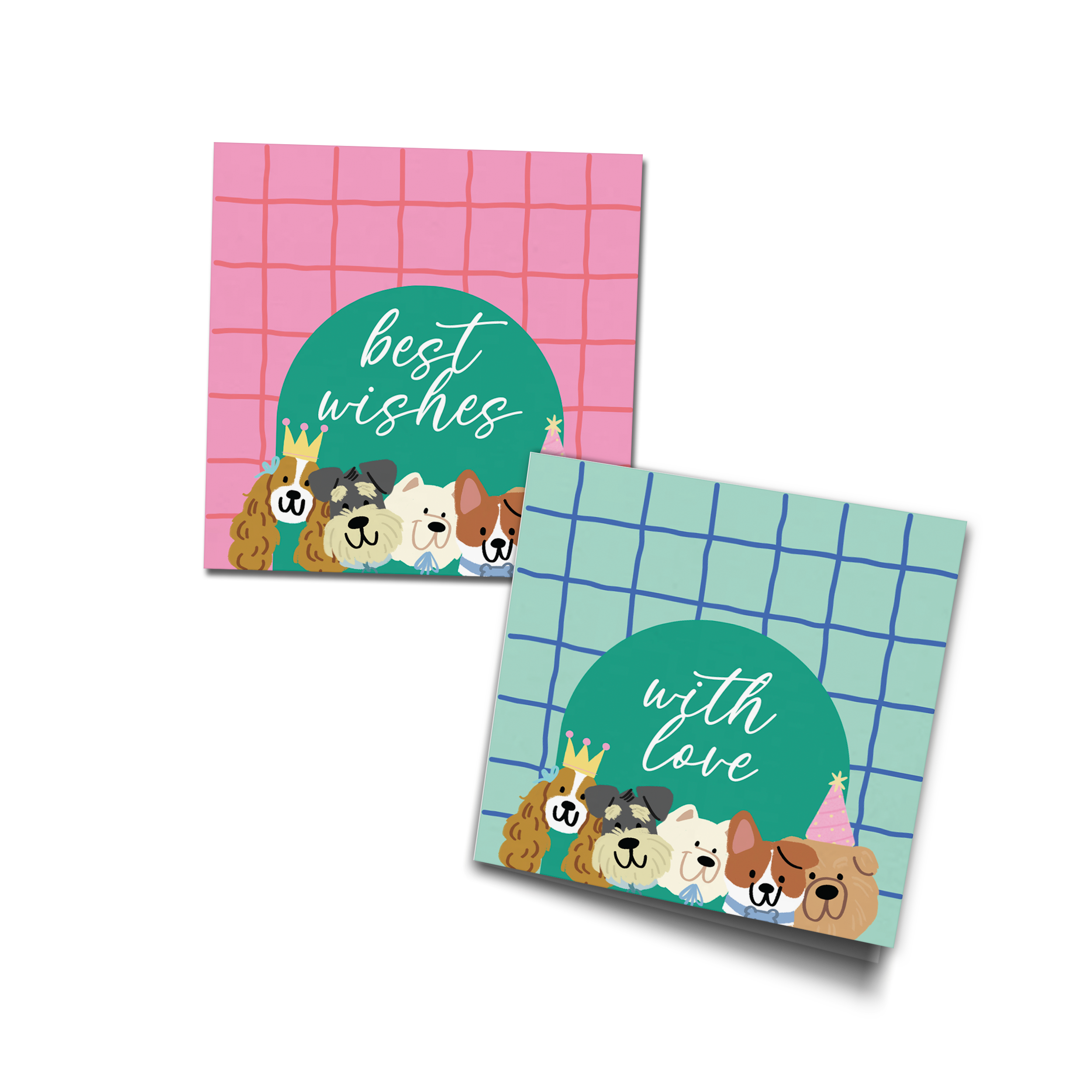 Pink & Green Playful Dogs Personalised Fold Gift Cards