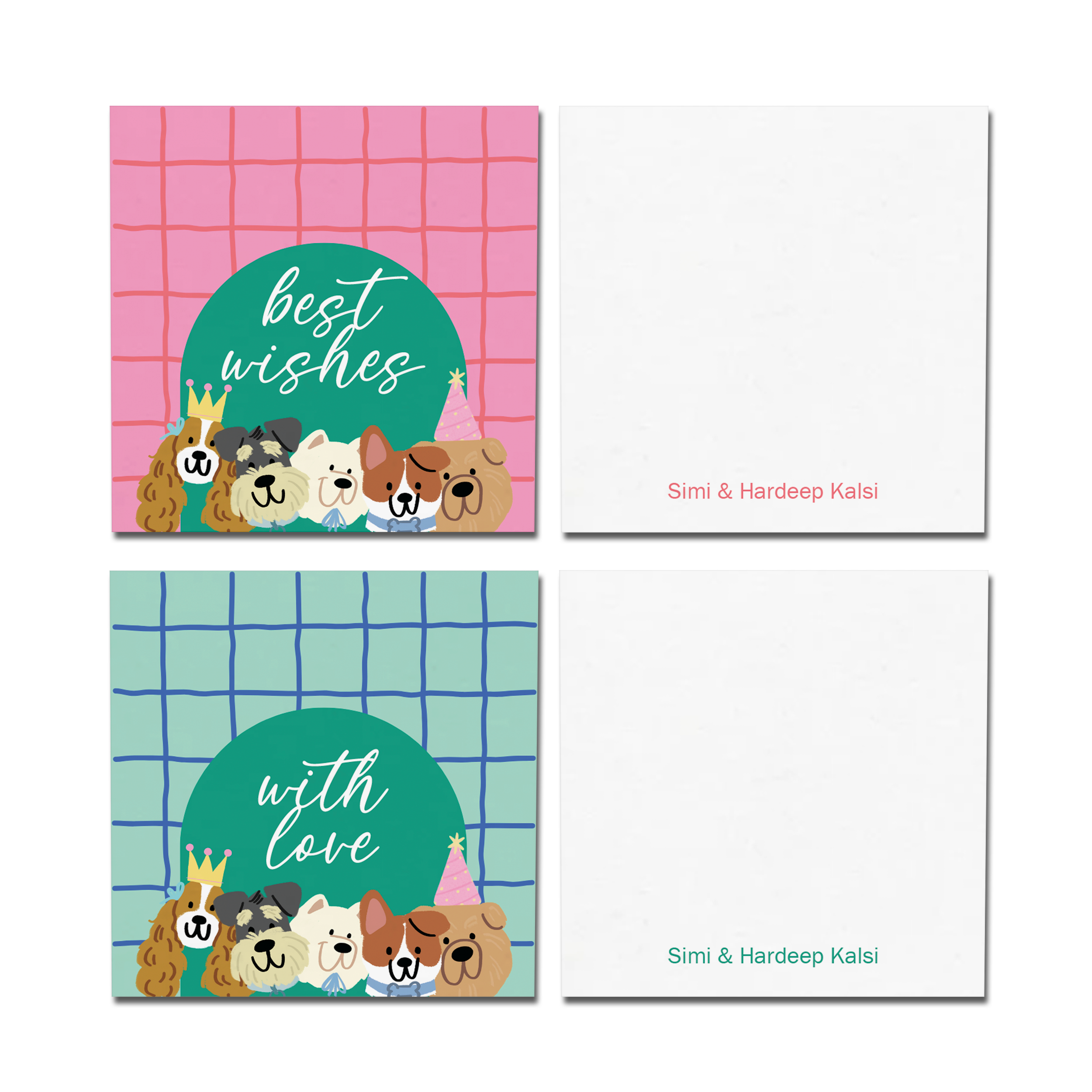 Pink & Green Playful Dogs Personalised Fold Gift Cards
