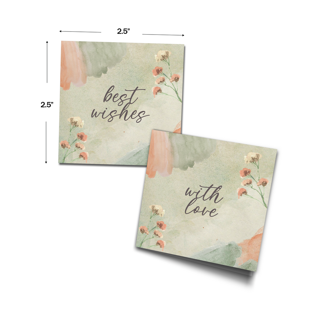 Green & Orange Watercolour Personalised Fold Gift Cards shown with dimensions on a white background