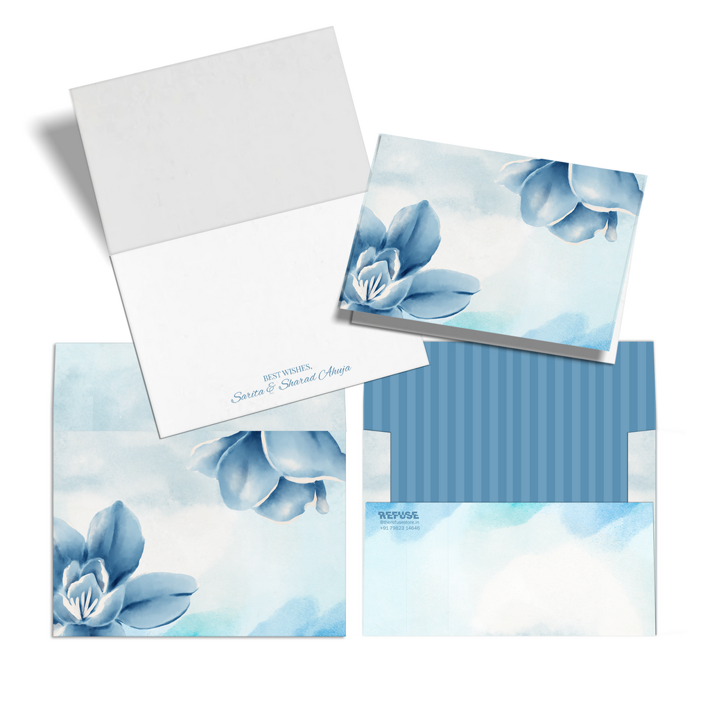 Blue Bloom Watercolour Personalised Fold Notecards & Envelopes