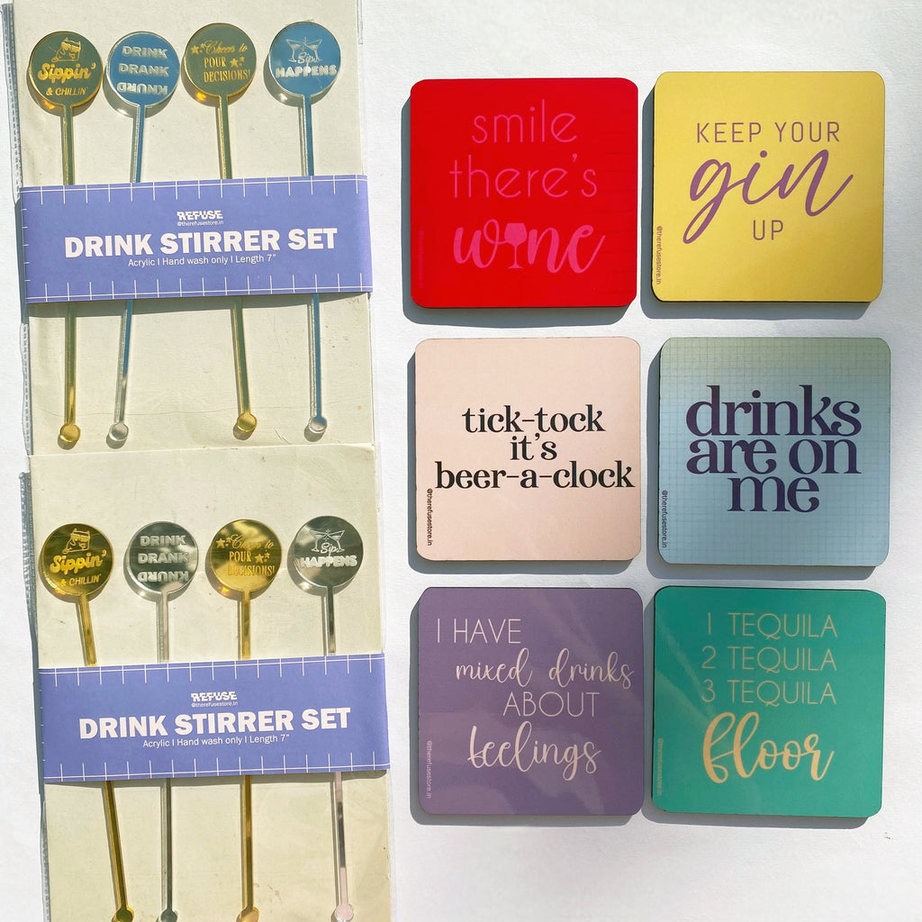 Alcohol quote Coasters (Set of 6) with drink stirrers