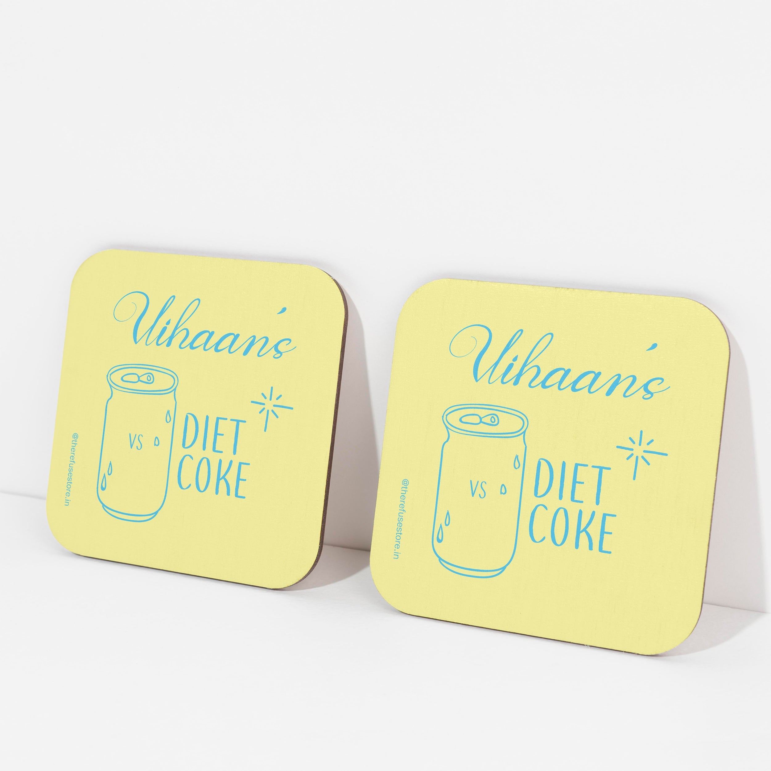 Yellow persoanlised diet coke coasters