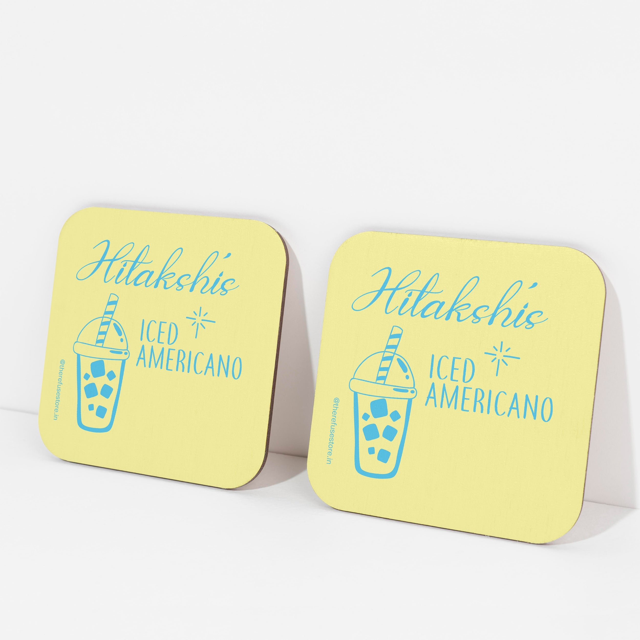 Yellow persoanlised Iced Americano coasters