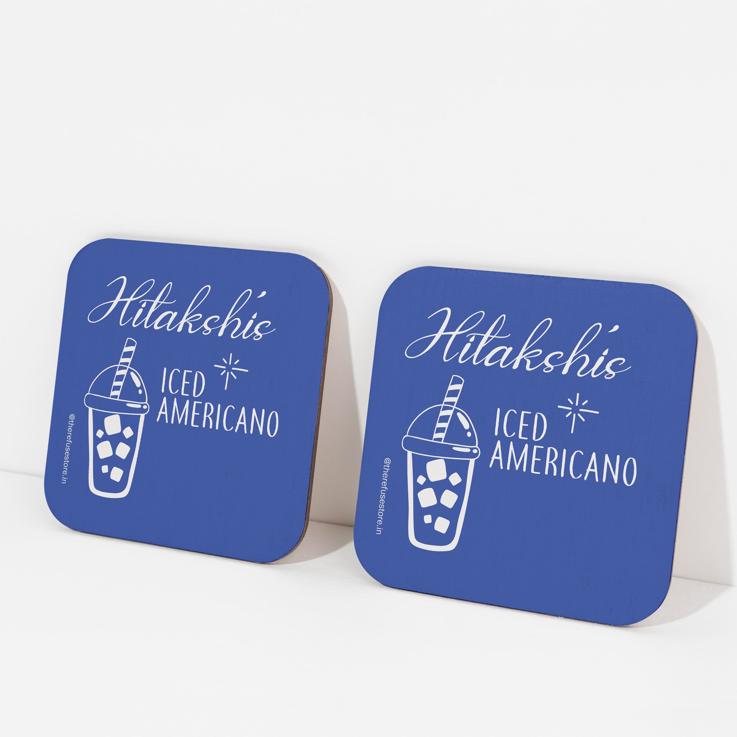 Blue persoanlised Iced Americano coasters
