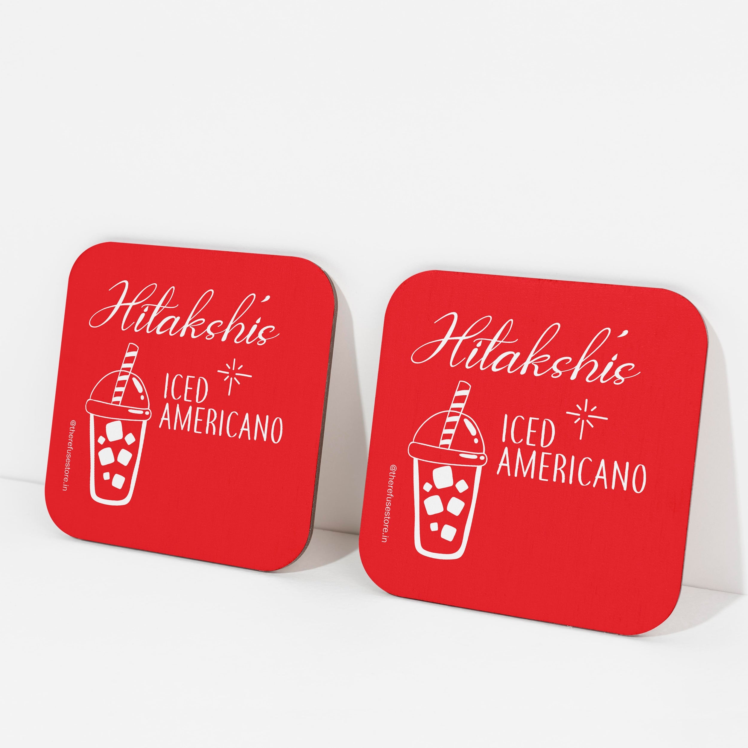 Red persoanlised Iced Americano coasters