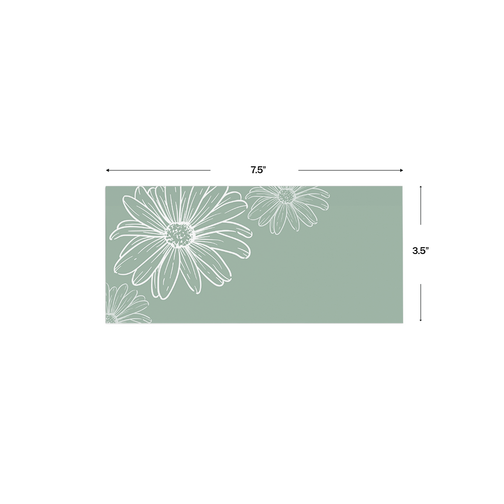 Green White Flower Personalised Money Envelopes shown with dimensions on a white background