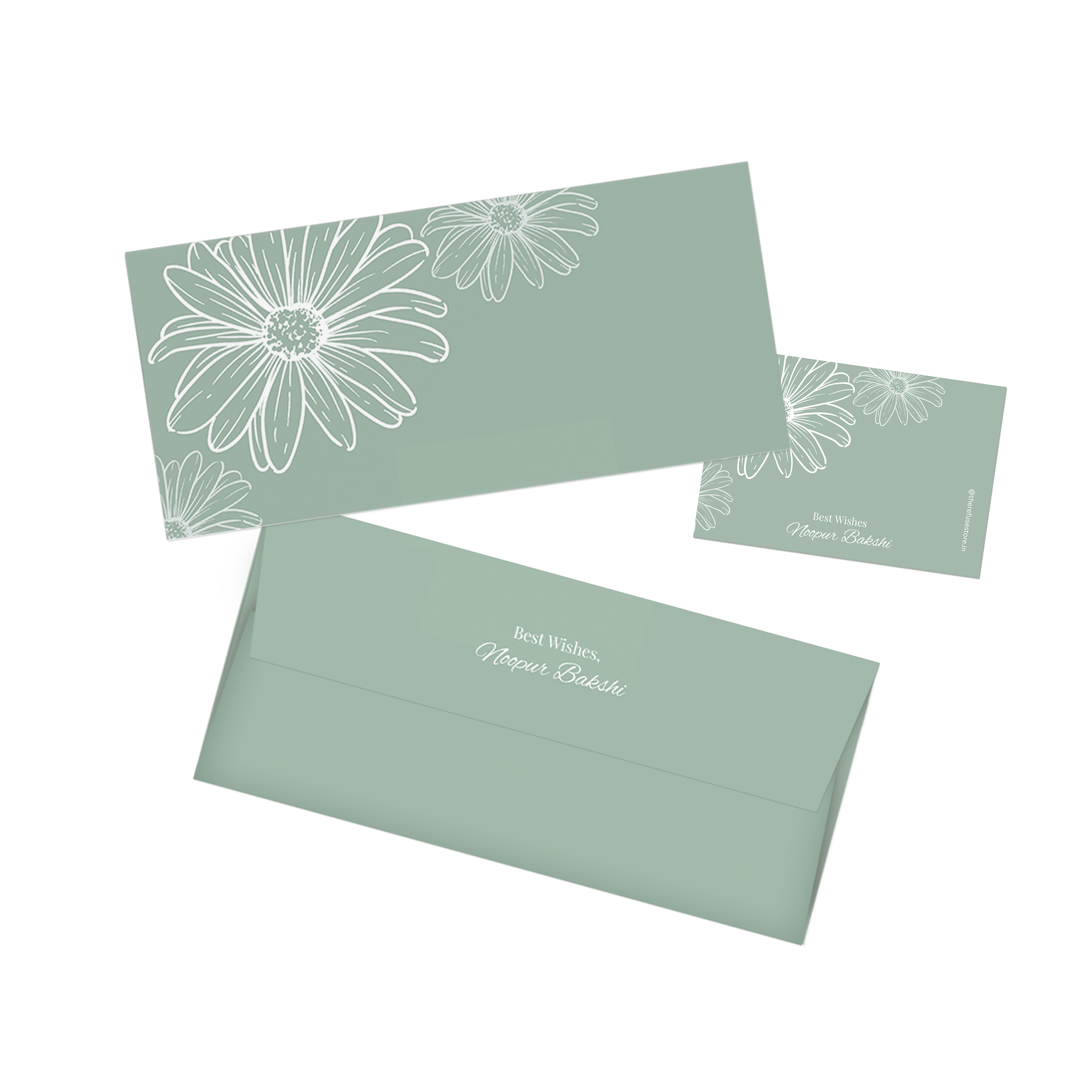 Green White Flower Personalised Money Envelopes with matching best wishes cards